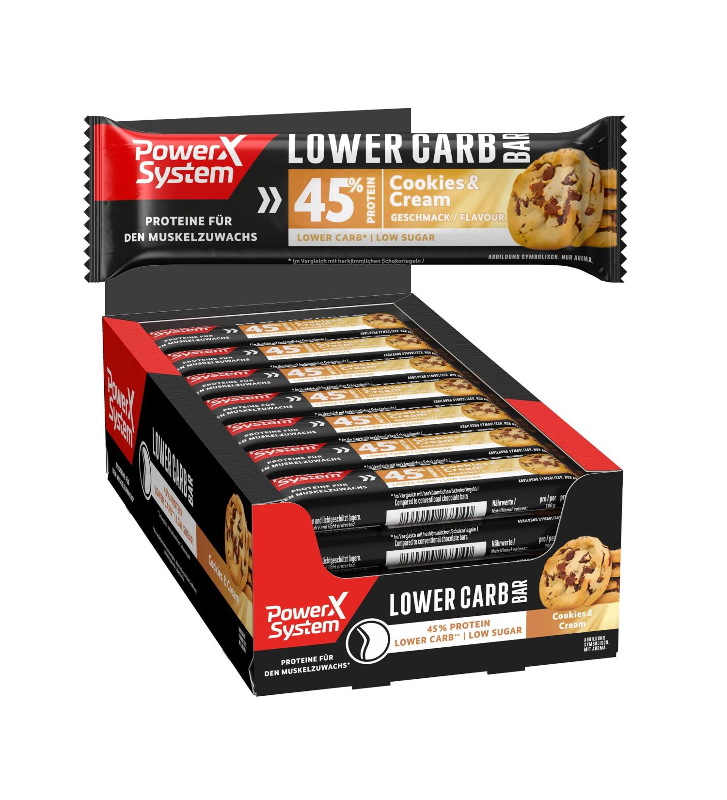 Power System Lower Carb Cookies & Cream Protein Bar - 45% Protein Low Sugar & Low Carb - 28x40g - International Shipping Available - Buy Online on GoSupps.com