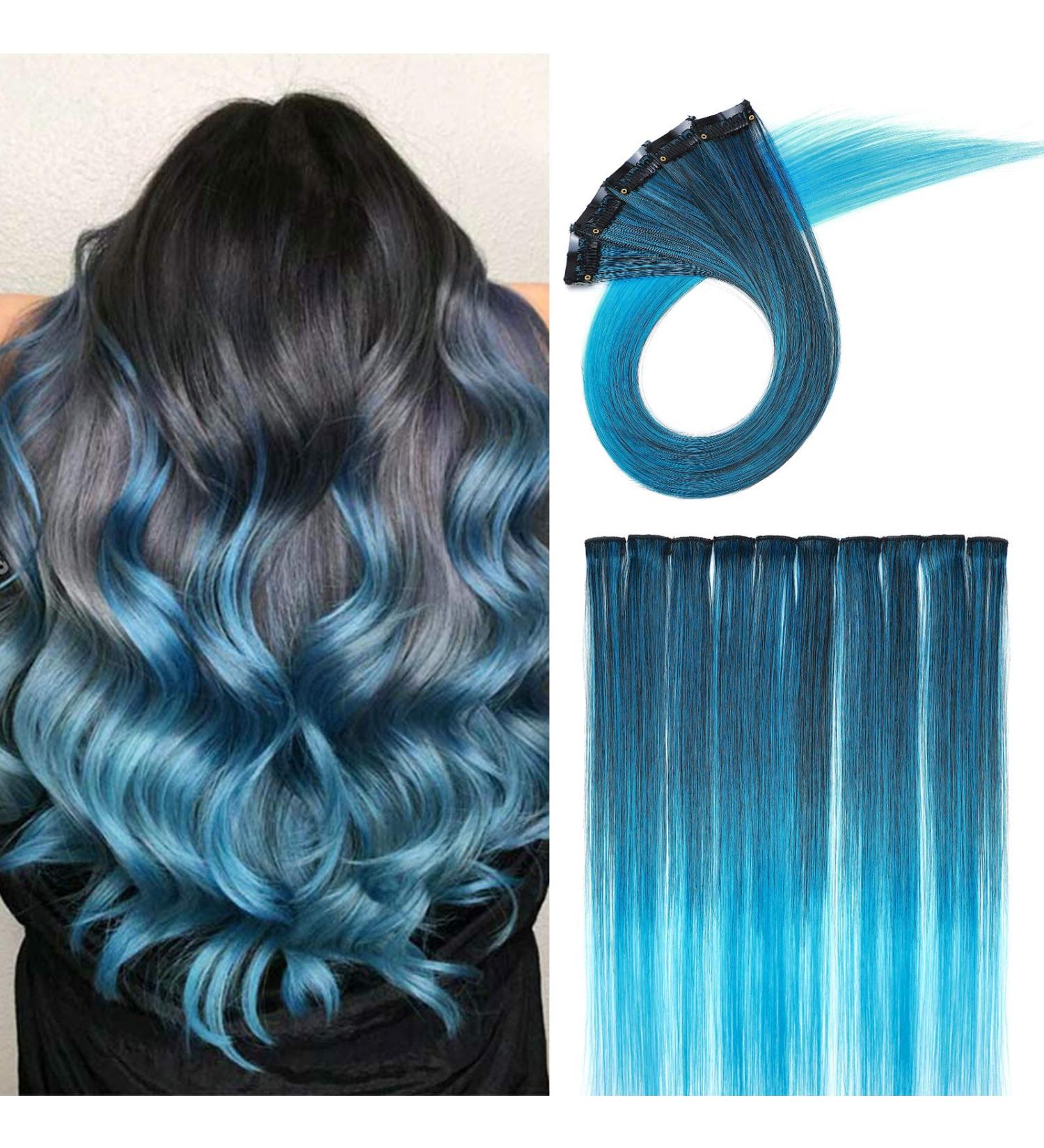 Silk-Co Rainbow Clip-In Hair Extensions - 10pcs Smooth DIY Highlights Natural Black & Blue 50g 50cm - Buy Online on GoSupps.com