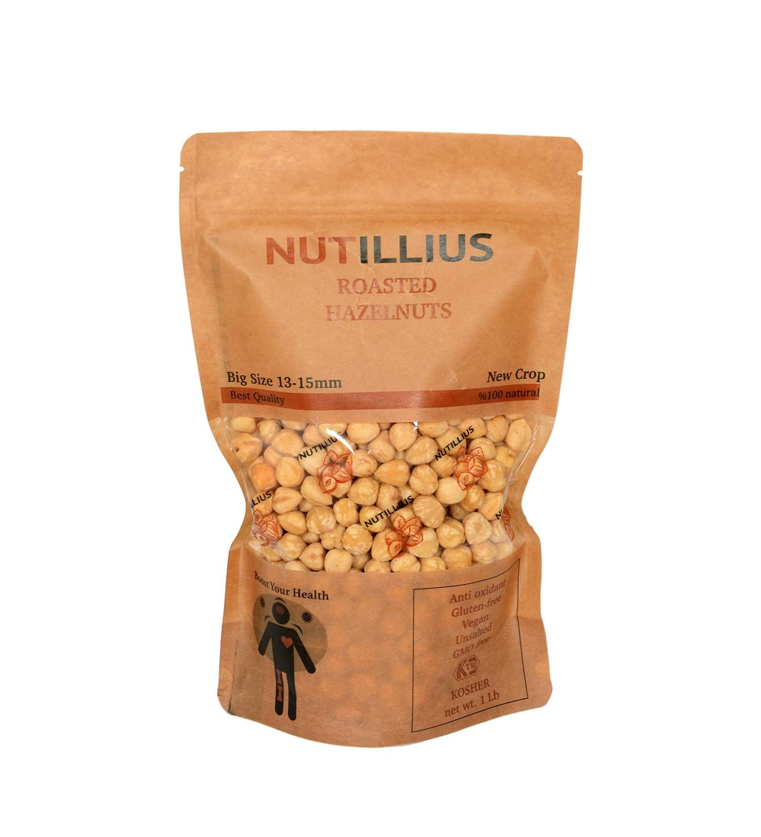NUTILLIUS Premium Roasted Hazelnuts 1Lb Resealable Bag - Gluten Free, Vegan, GMO Free, Kosher Certified, Healthy Snack - 13-15mm Size - Buy Online on GoSupps.com