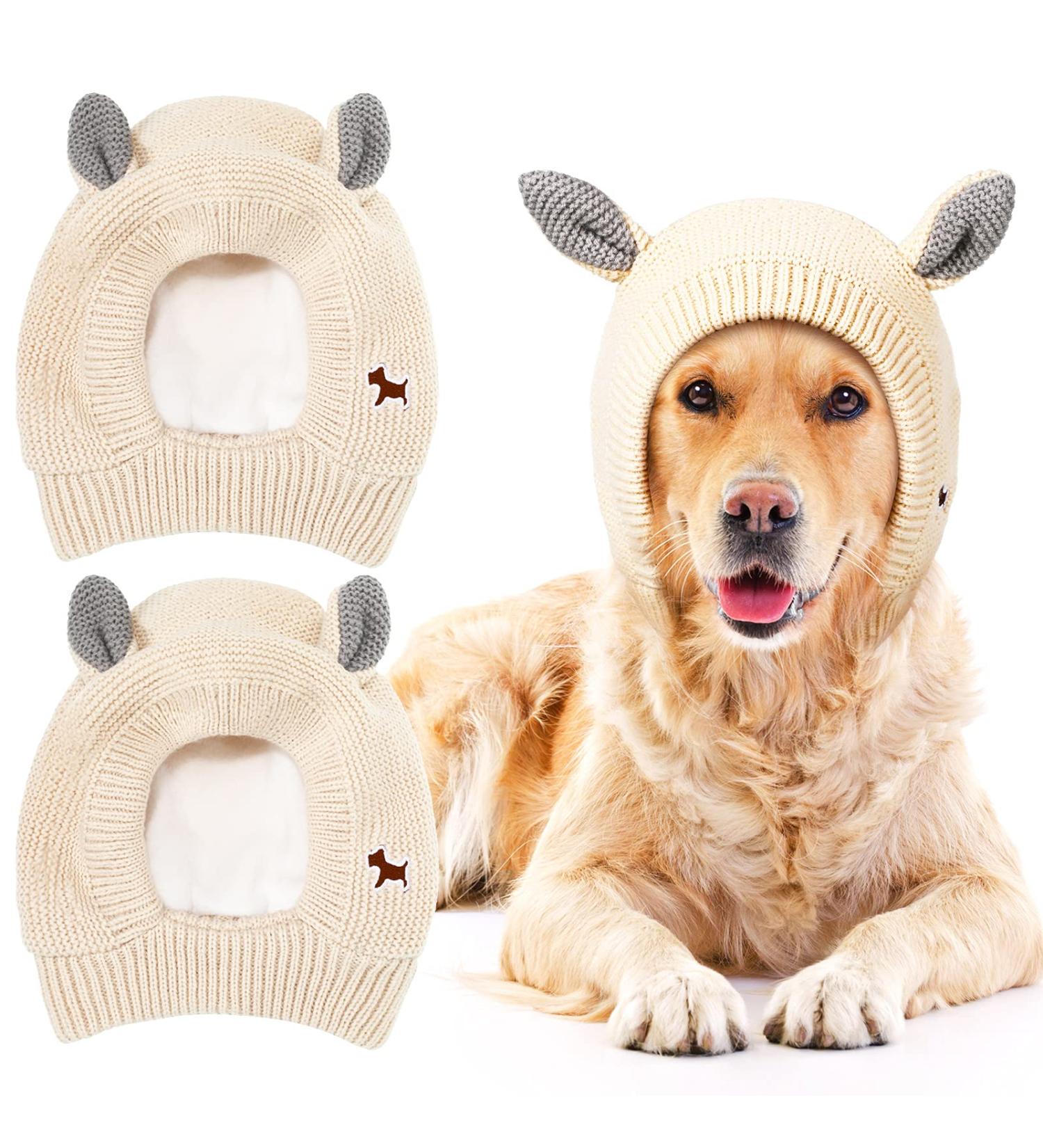 2 Pcs Dog Knitted Ears Cover | Noise Protection Pet Ear Muffs | Winter Dog Ear Protection | Pet Head Wrap | Beige - Buy Online on GoSupps.com