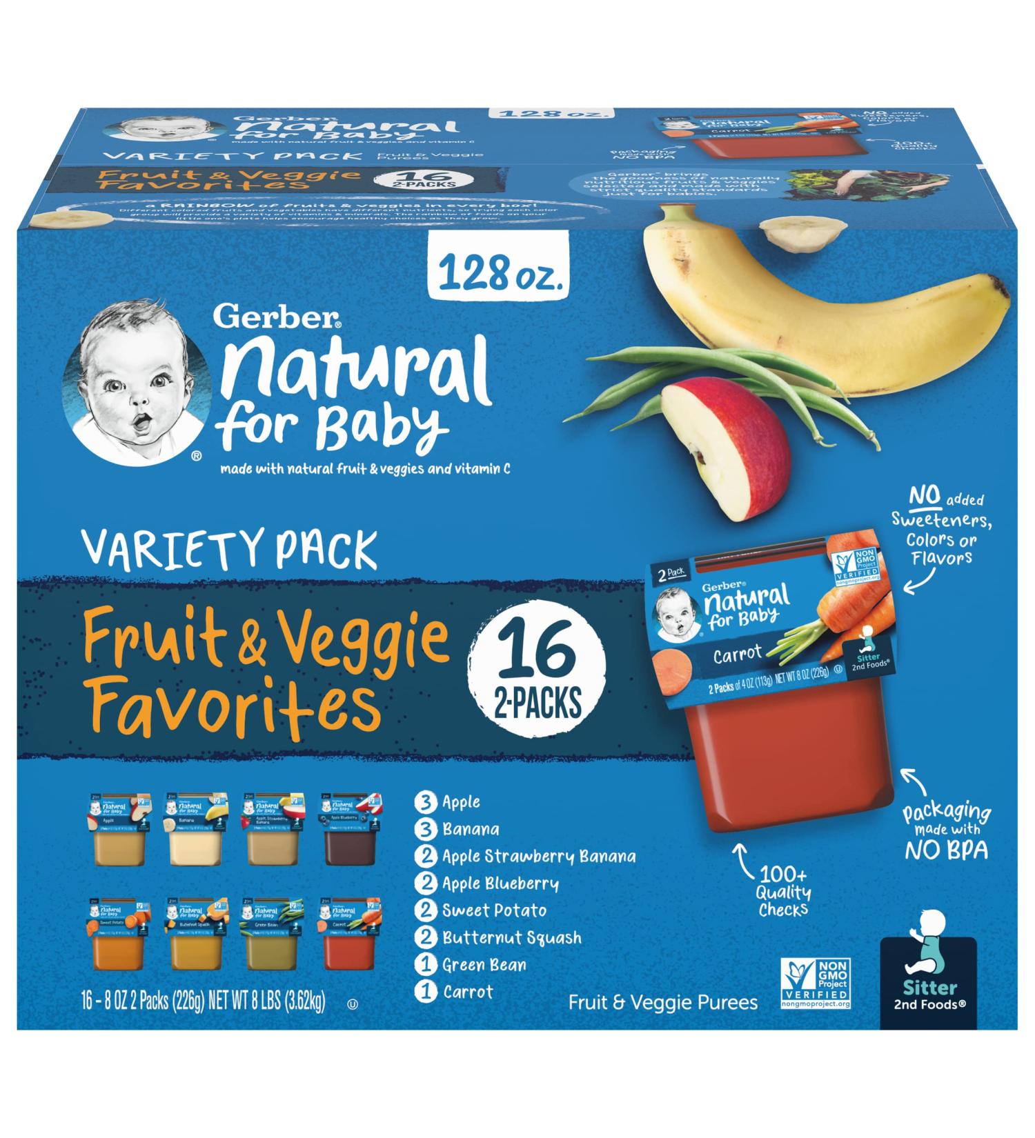 Gerber 2nd Foods Variety Pack - Natural Baby Fruit & Veggie Favorites, 8oz, Pack of 32 - Buy Online on GoSupps.com