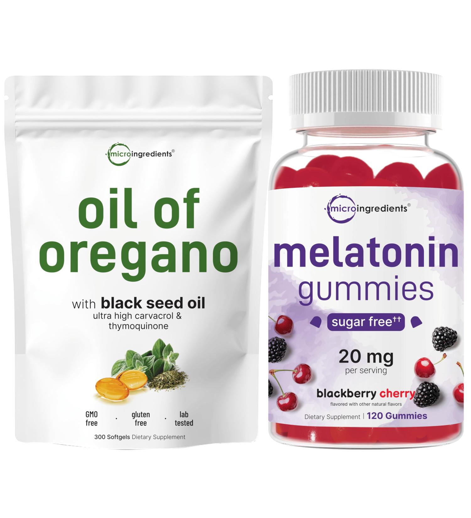 Micro Ingredients Melatonin Gummies & Oil of Oregano Softgels | Bundle | Sugar-Free BlackBerry Cherry Flavor | No Drug Non-Habit-Forming Ingredients | 4X Strength Carvacrol & Thymoquinone - Buy Online on GoSupps.com