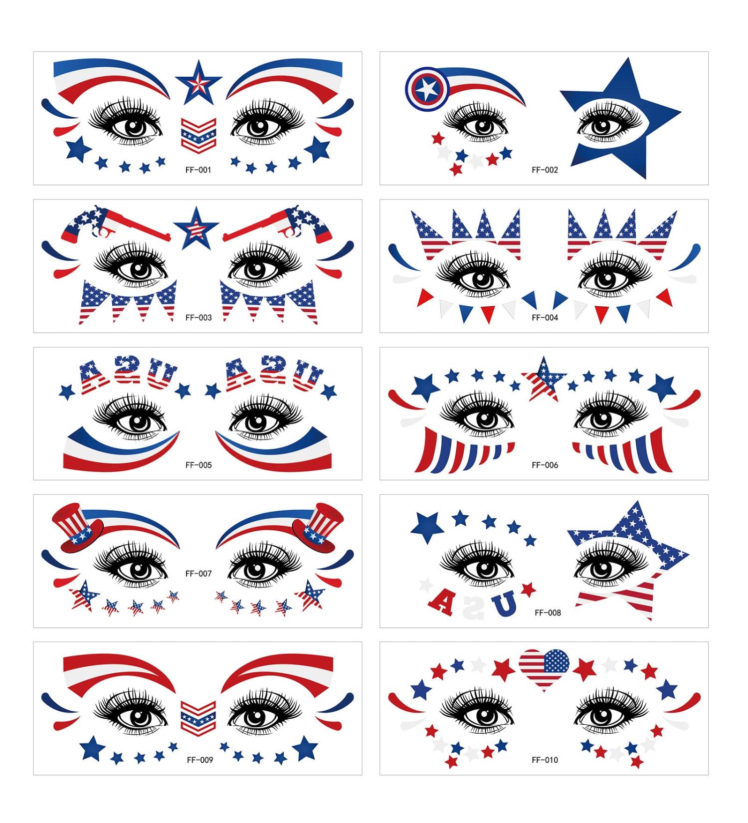4th of July Temporary Tattoos - Set of 10 Independence Day Face Eye Stickers | Waterproof USA Flag & Star Patriotic Designs for Adults & Kids - Buy Online on GoSupps.com