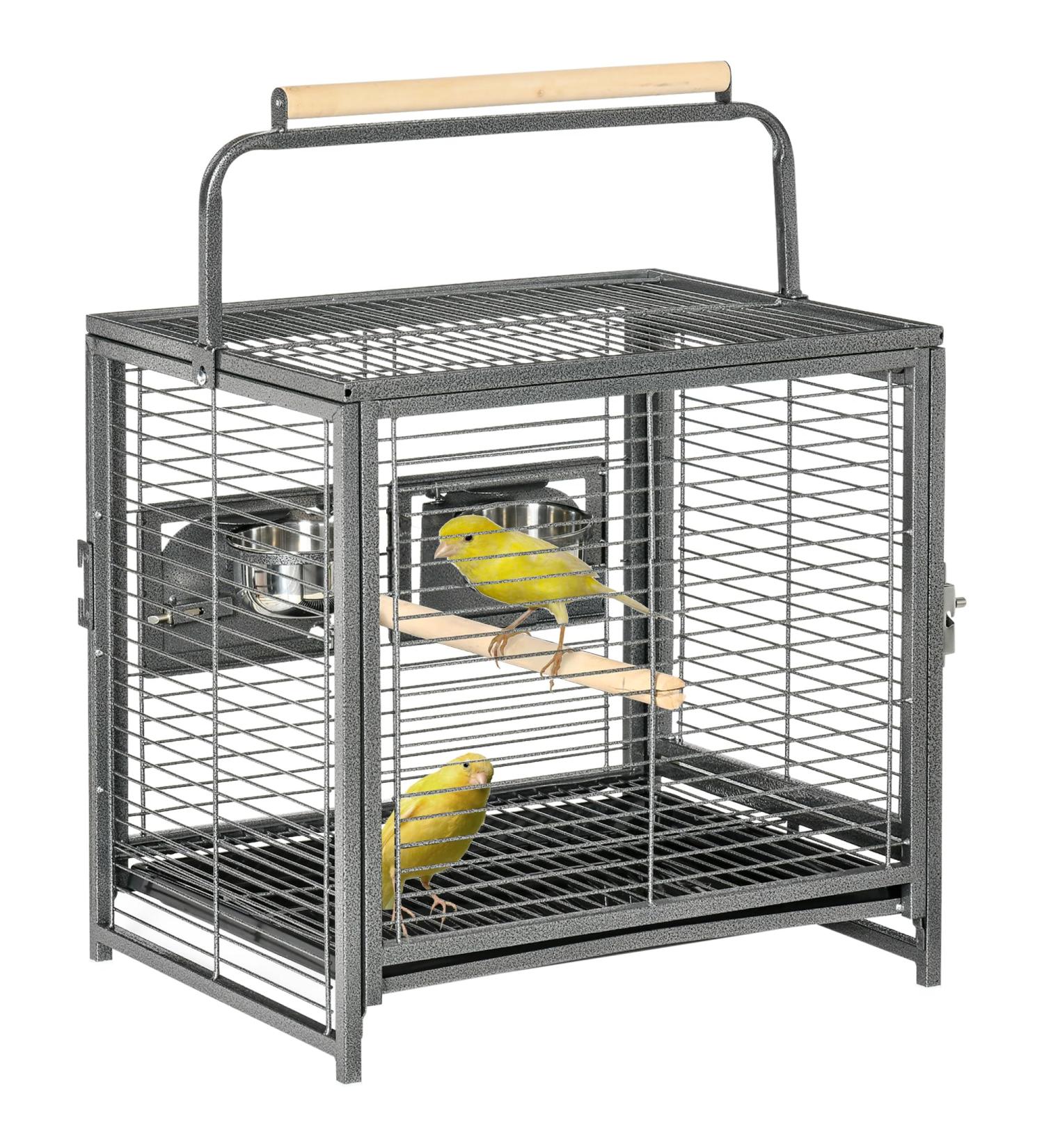 PawHut Bird Travel Carrier Cage for Parrots Conures African Grey Cockatiel Parakeets with Stand Perch Stainless Steel Bowls Pull Out Tray Black - Buy Online on GoSupps.com
