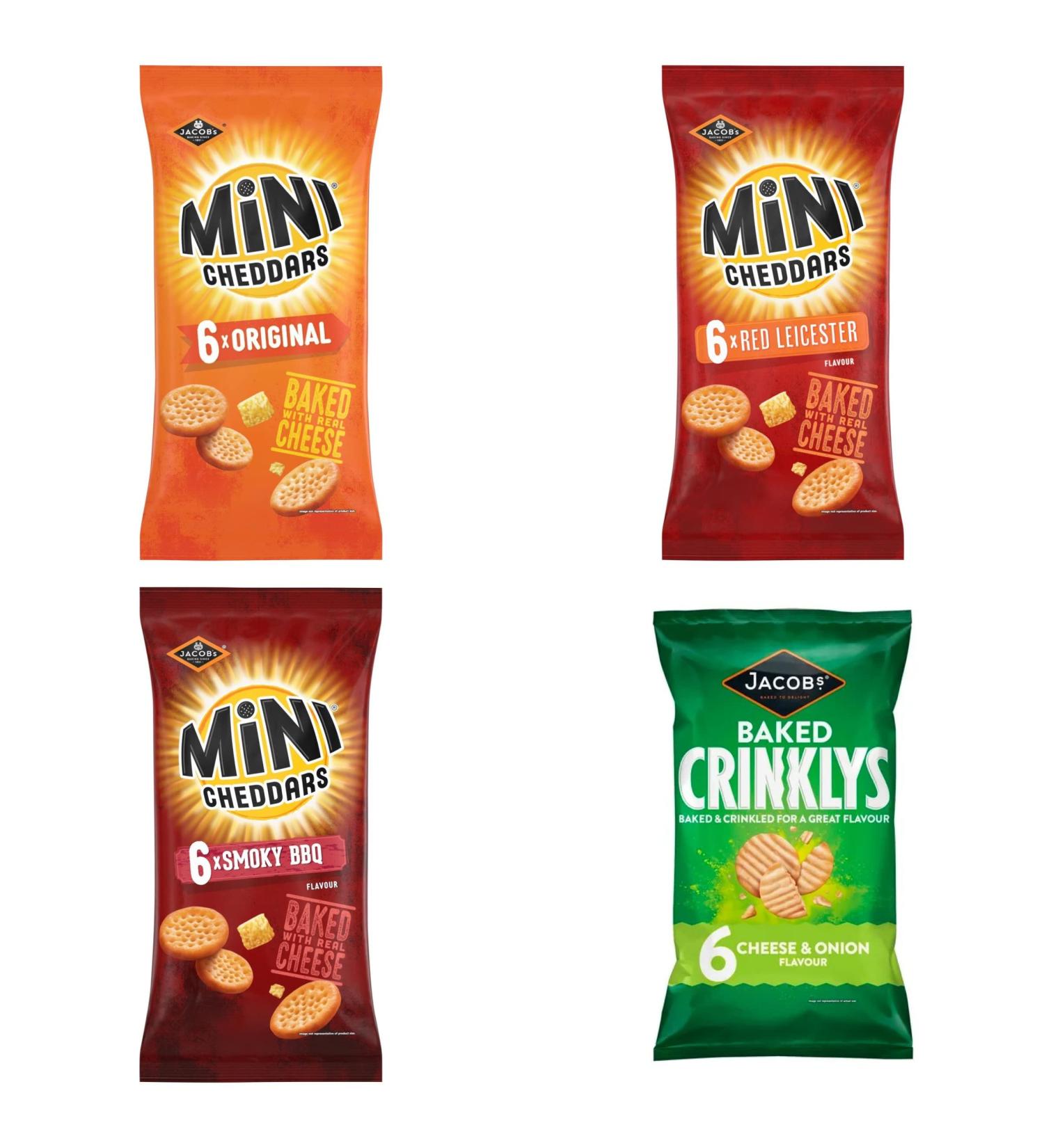 Mini Cheddars Selection Jacobs Crisp Snacks Original & Smokey BBQ & Red Leicester & Crinklys Cheese & Onion 6pack x Multi Pack - Buy Online on GoSupps.com