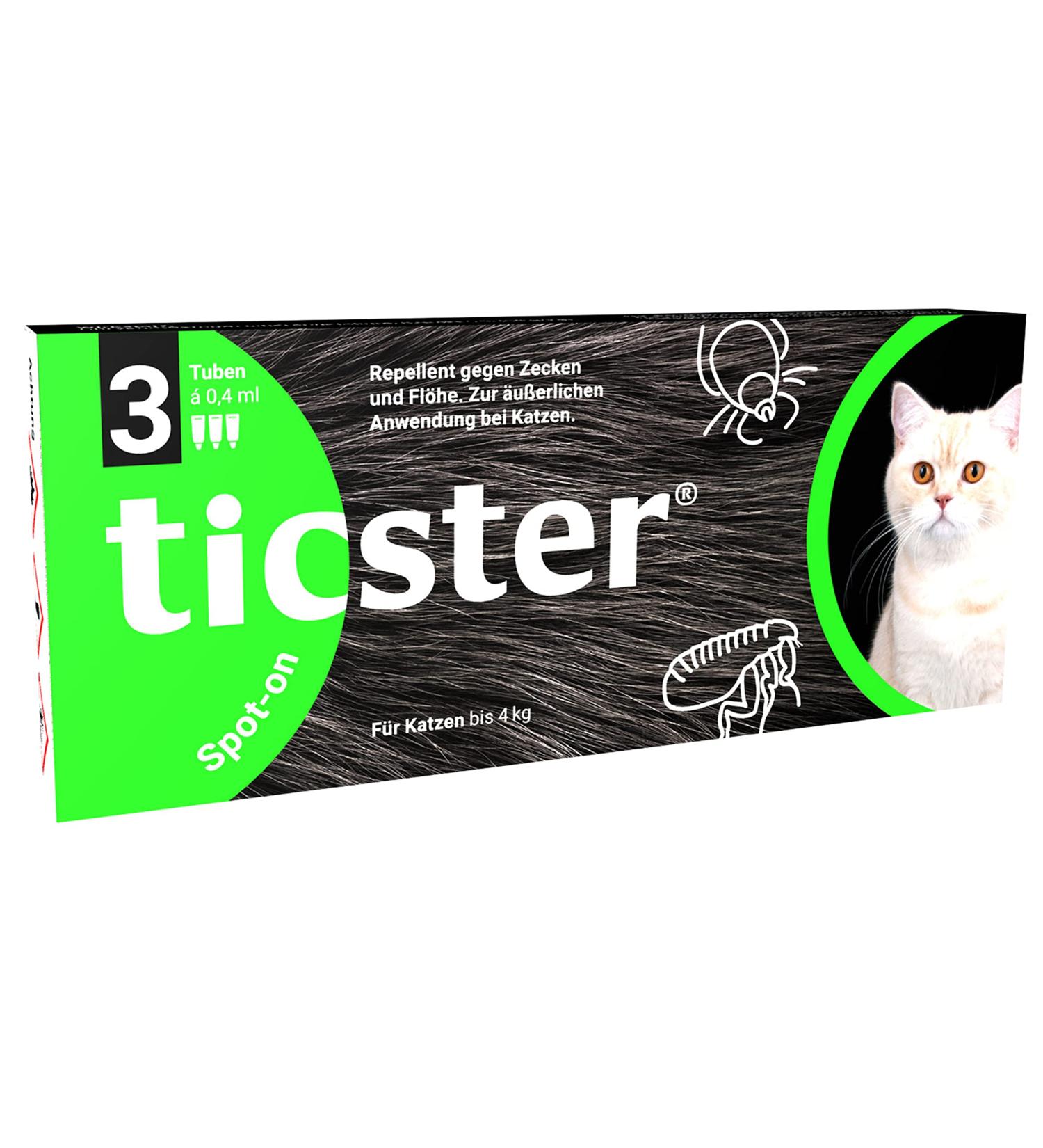 Ticster Spot-on for cats up to 4 kg flea and tick content: 3x 0.4 ml protection duration: up to 12 weeks (solution for grapping effective flea natural active ingredient) cats up to 4 kg 3x 0.4 ml