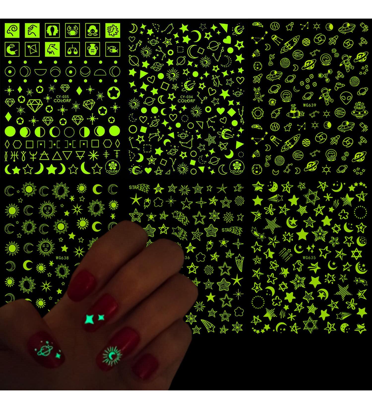 Luminous Nail Art Stickers - Glow in The Dark Fluorescent Decals for Women & Girls - Sun Moon Stars Heart 3D Nail Decoration (6 Sheets - Buy Online on GoSupps.com