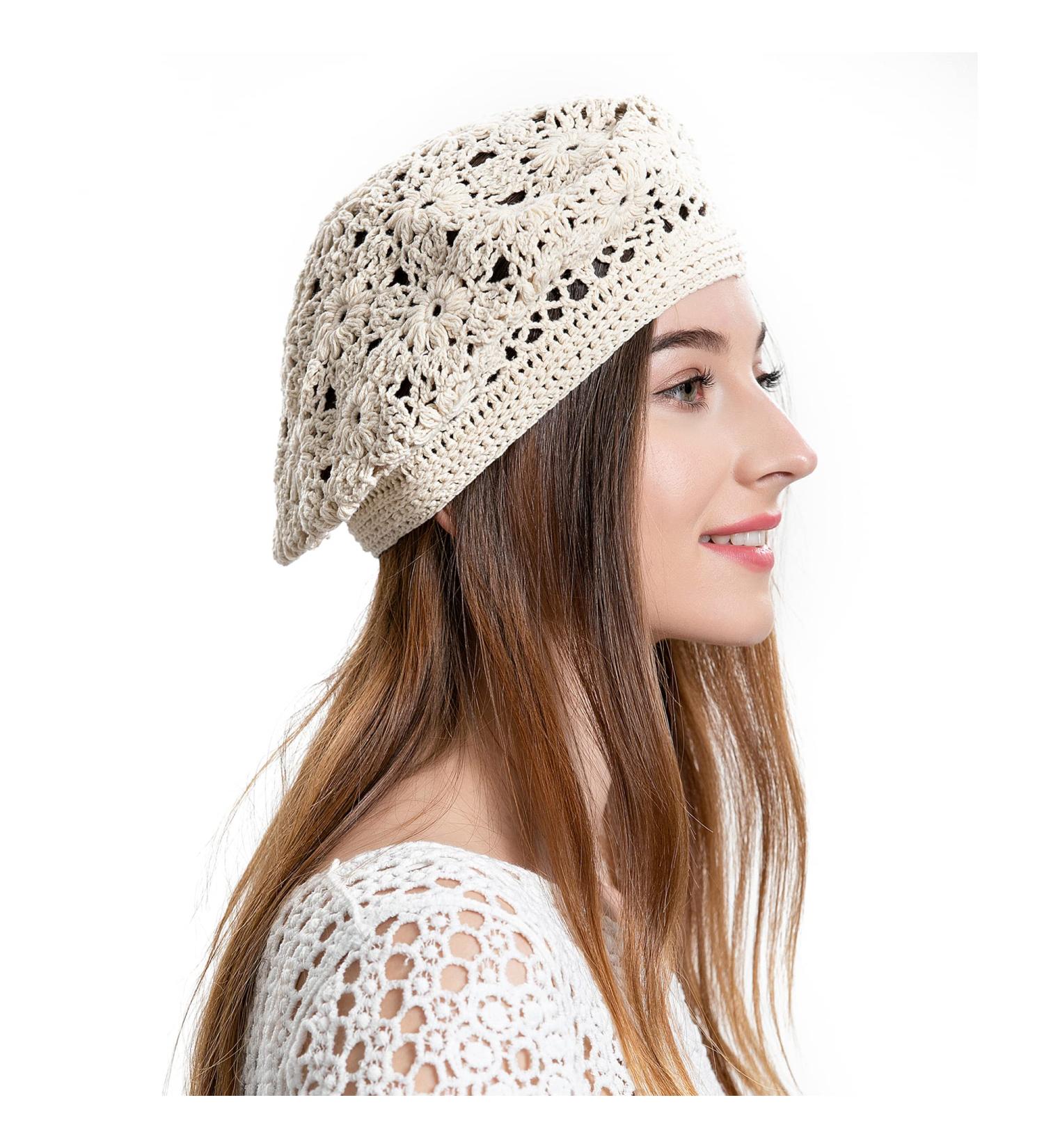 ZLYC Handmade Cotton Slouchy Crochet Beret with Cutout Floral Design - Plain Beige Women's Beanie Hat - Buy Online on GoSupps.com