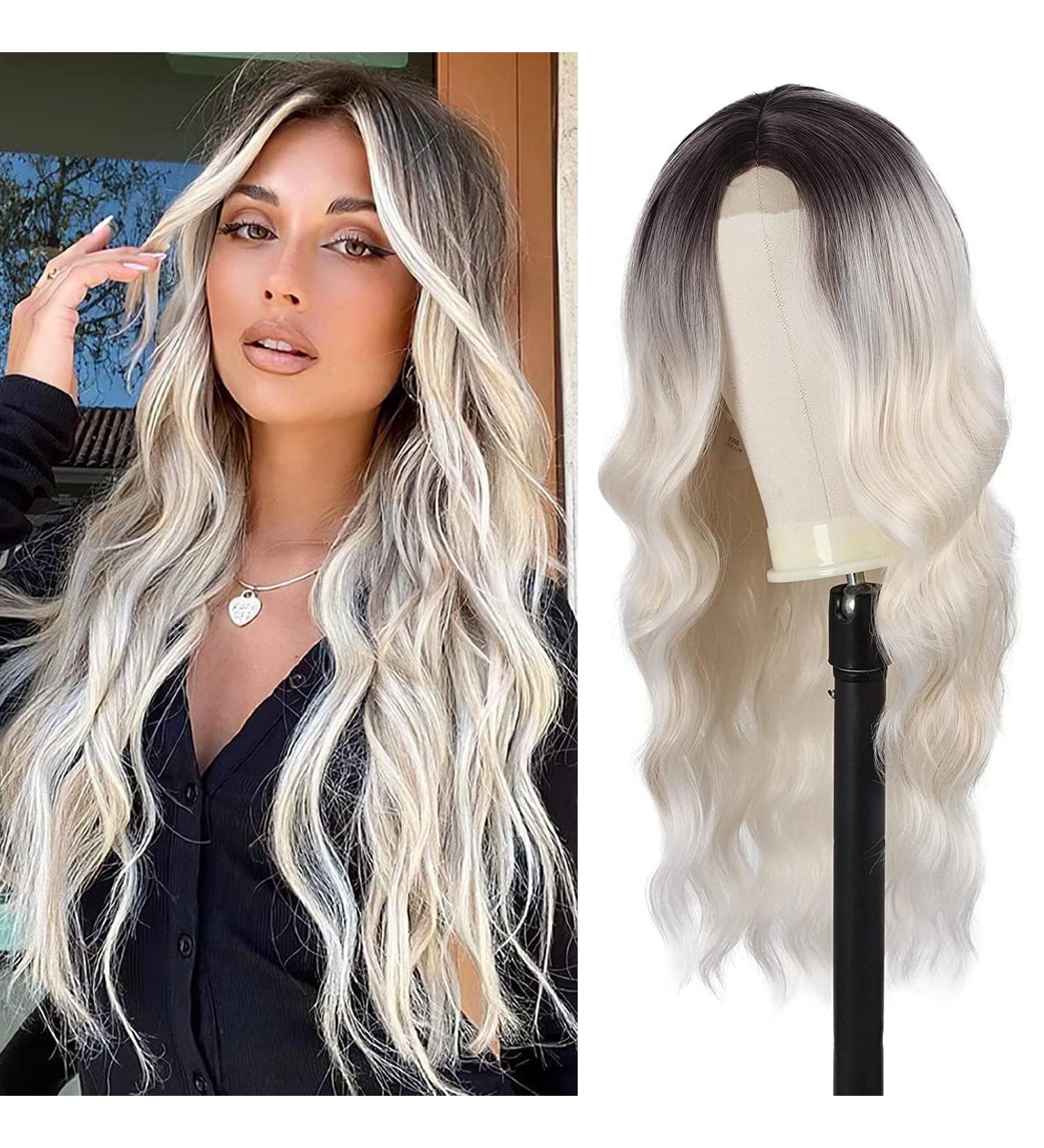 Long Wavy Wig Ombre Platinum Blonde Wigs for Women 24 Inch Middle Part Curly Synthetic Hair Natural Looking Heat Resistant Fiber for Daily Party Use (Ombre Platinum Blonde) - Buy Online on GoSupps.com
