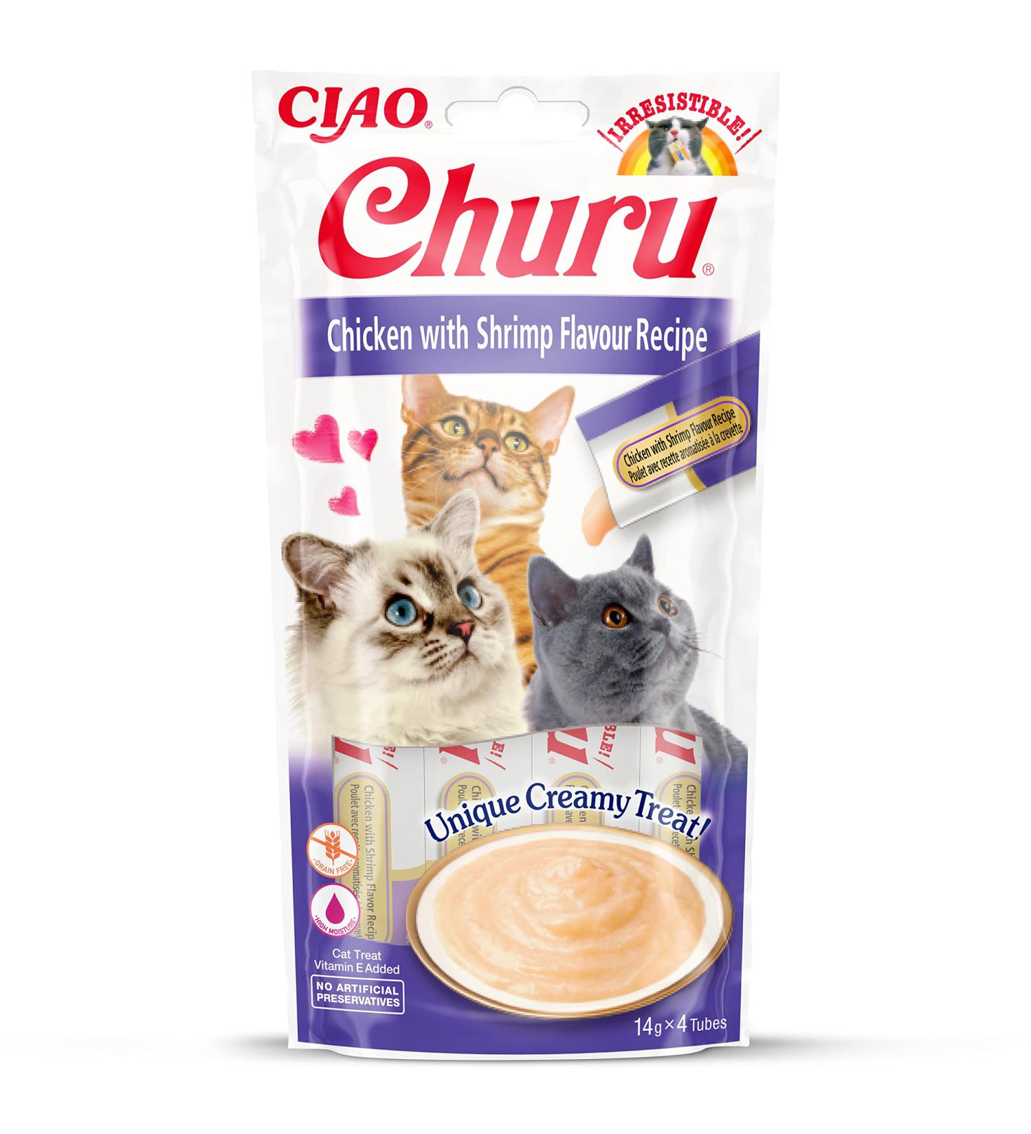Ciao Churu Sticks by INABA Cat Treat - Chicken & Shrimp Flavour (4 x 14g) / Soft & Creamy Cat Treat Delicious & Healthy Snack Pur e Food Topper Pill Assist Natural Grain Free Chicken & Shrimp 14 g (Pack of 4) - Buy Online on GoSupps.com