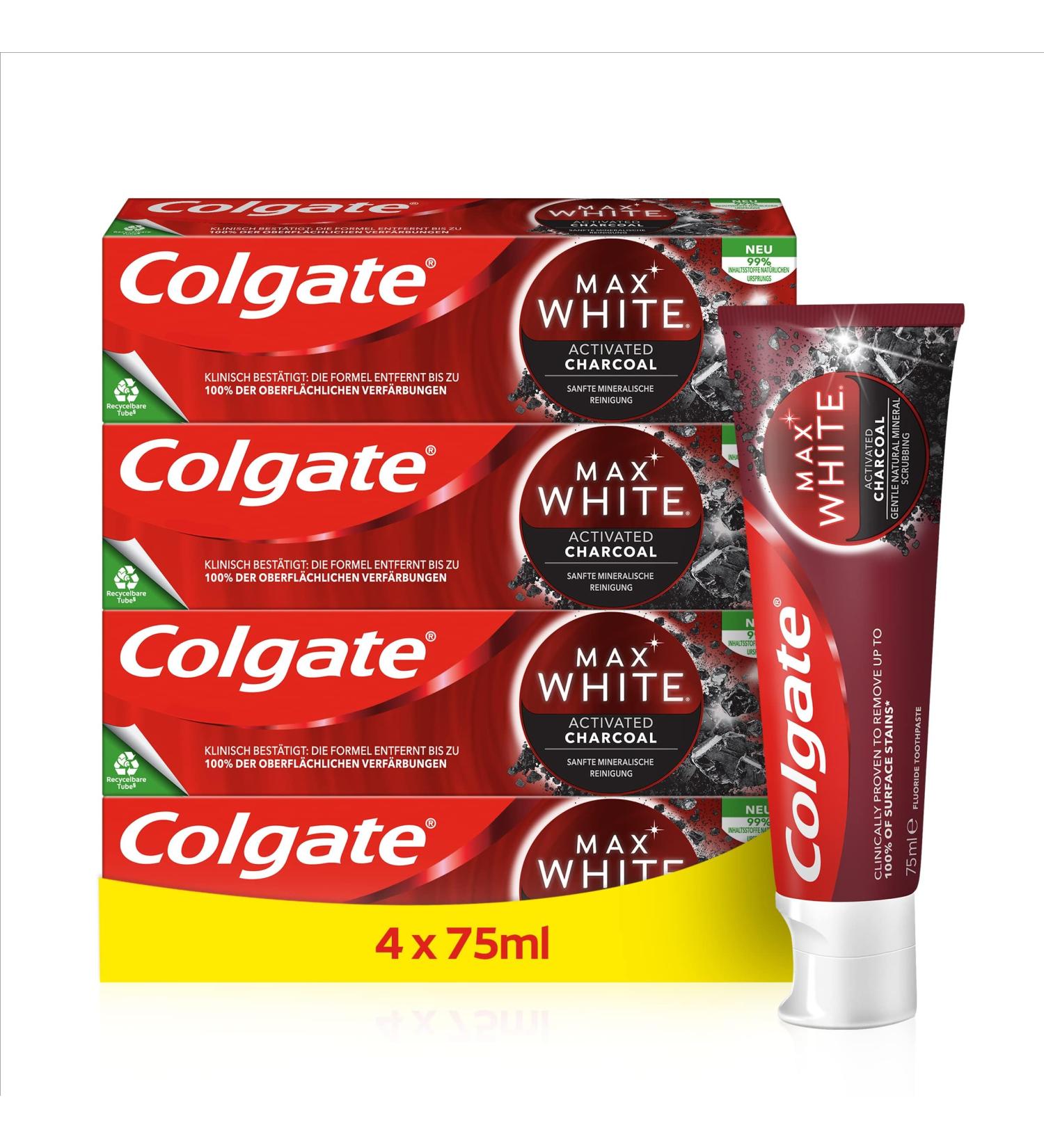 Colgate Toothpaste Max White Charcoal 4x75ml - Activated Charcoal Formula for 100% Stain Removal | Fast International Shipping - Buy Online on GoSupps.com