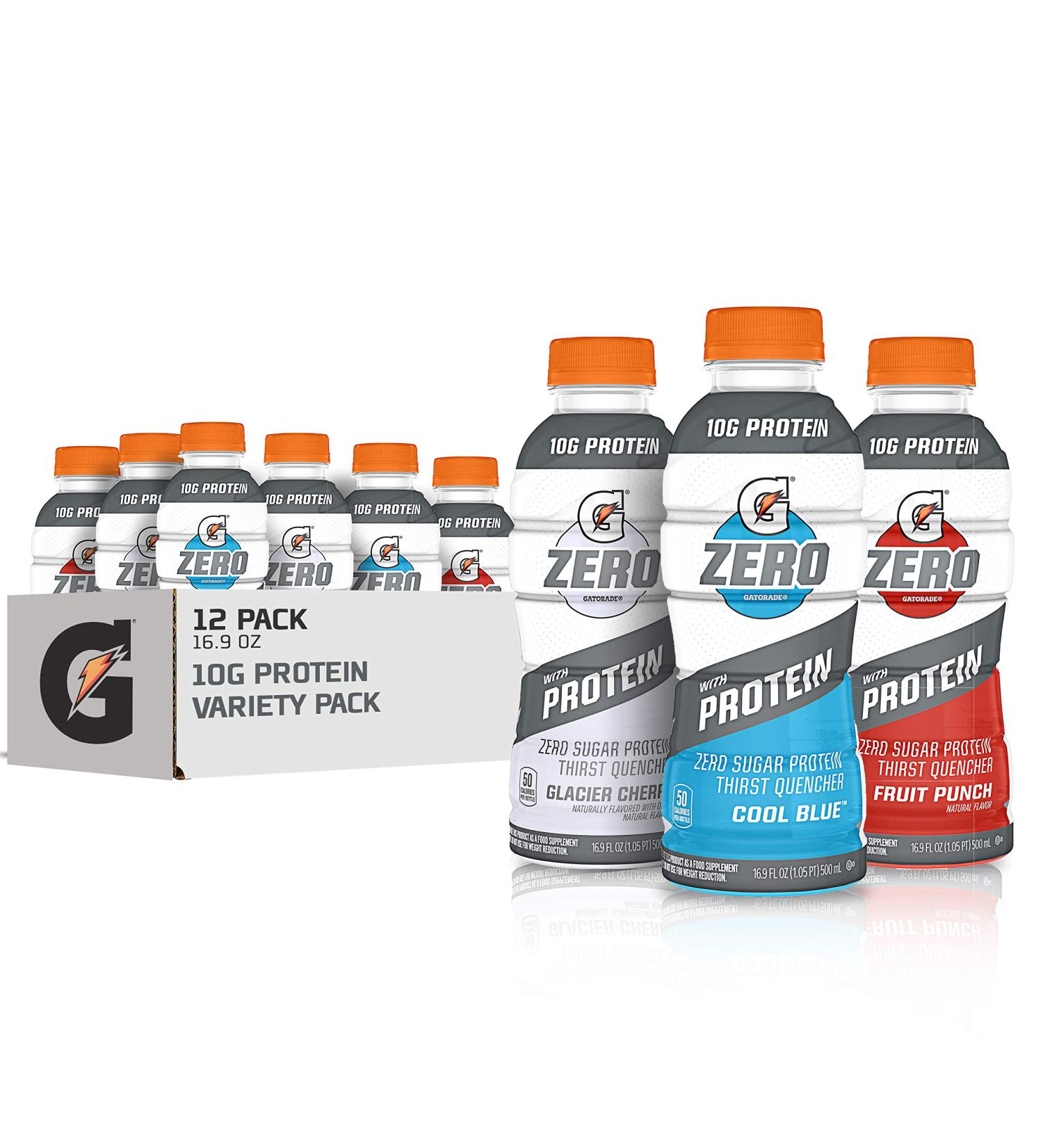Gatorade Zero with 10g Whey Protein Isolate & Electrolytes 12-Pack, 16.9 fl oz - Zero Sugar, 3-Flavor Variety Pack - Buy Online on GoSupps.com