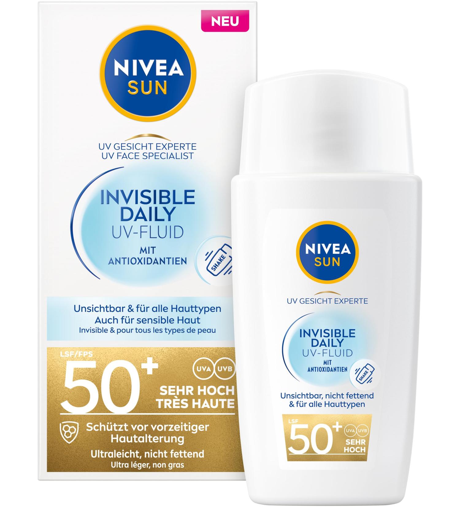 Nivea Sun Protection Fluid LSF 50+ | Ultra-Light Non-Fatty Sunscreen with Antioxidants | Invisible Daily UV-Fluid (40ml) Buy Online Worldwide - Buy Online on GoSupps.com