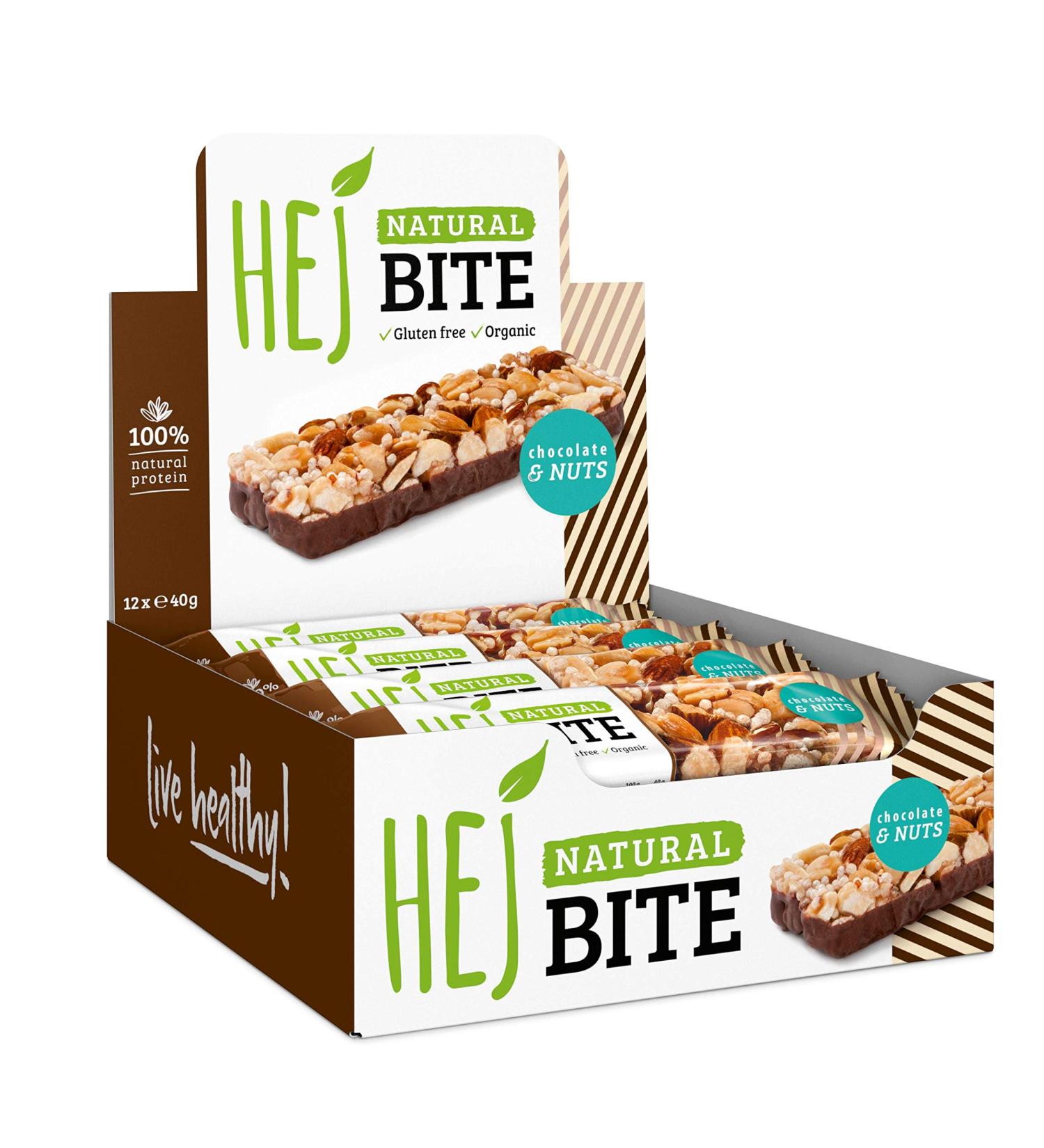 HEJ Bite Vegan Nut Bars | Chocolate & Nuts Snack - 12 x 40g Pack | Healthy Snack Option - Buy Online on GoSupps.com