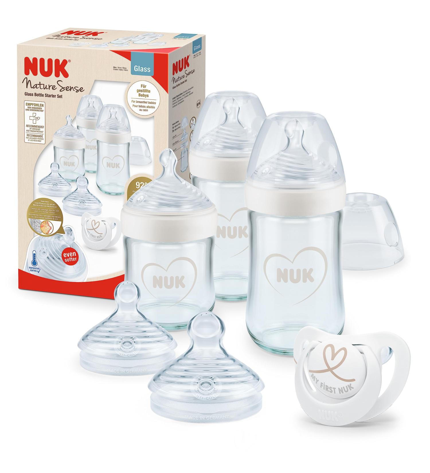 NUK Nature Sense Glass Baby Bottles Starter Set | Breast-Like Silicone Teat | Anti Colic | BPA-Free | 7 Count Hearts | Temperature Control | 0-18 Months - Buy Online on GoSupps.com