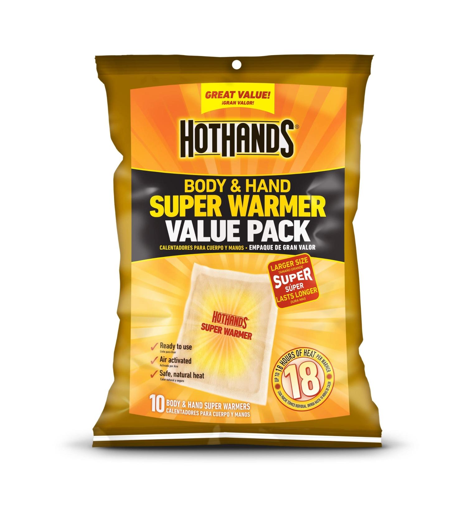 HotHands Body & Hand Super Warmers - Long Lasting Safe Natural Odorless Air Activated Warmers - Up to 18 Hours of Heat - 10 Individual Warmers - Buy Online on GoSupps.com