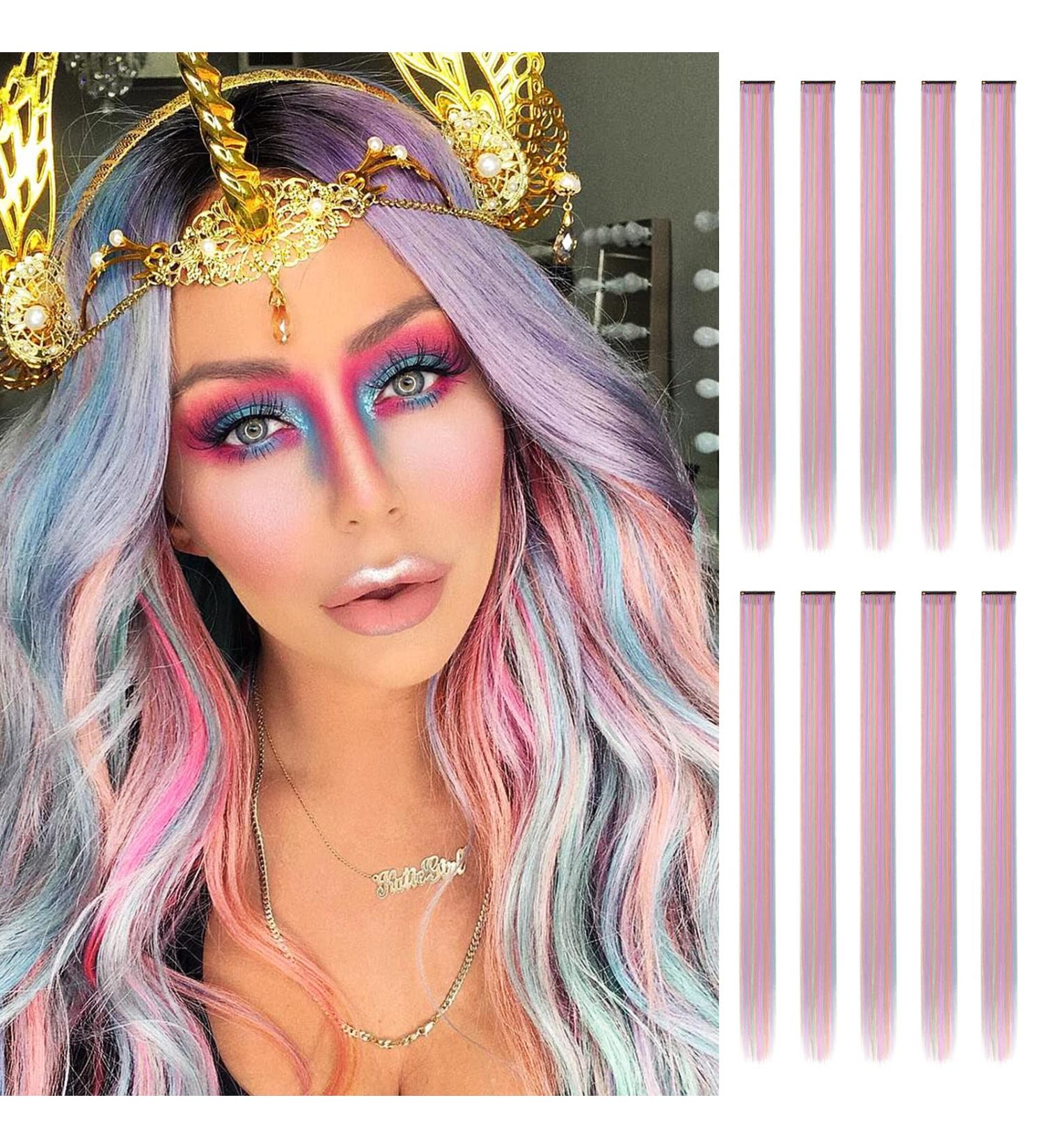 Fine Colored Hair Extensions - Clip-In Synthetic Parts for Women | 10 PCS Pink Blue & Violet Mix - Buy Online on GoSupps.com