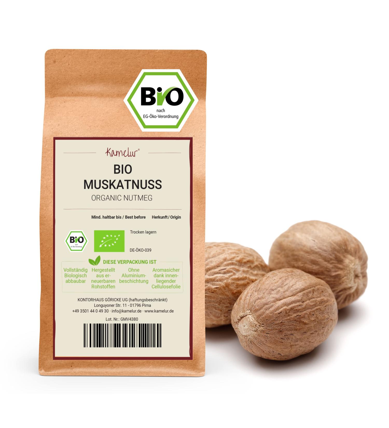 Kamelur 500g whole organic nutmeg - hand-picked nutmeg in the best organic quality - for the nutmeg mill - in biodegradable p - Buy Online on GoSupps.com