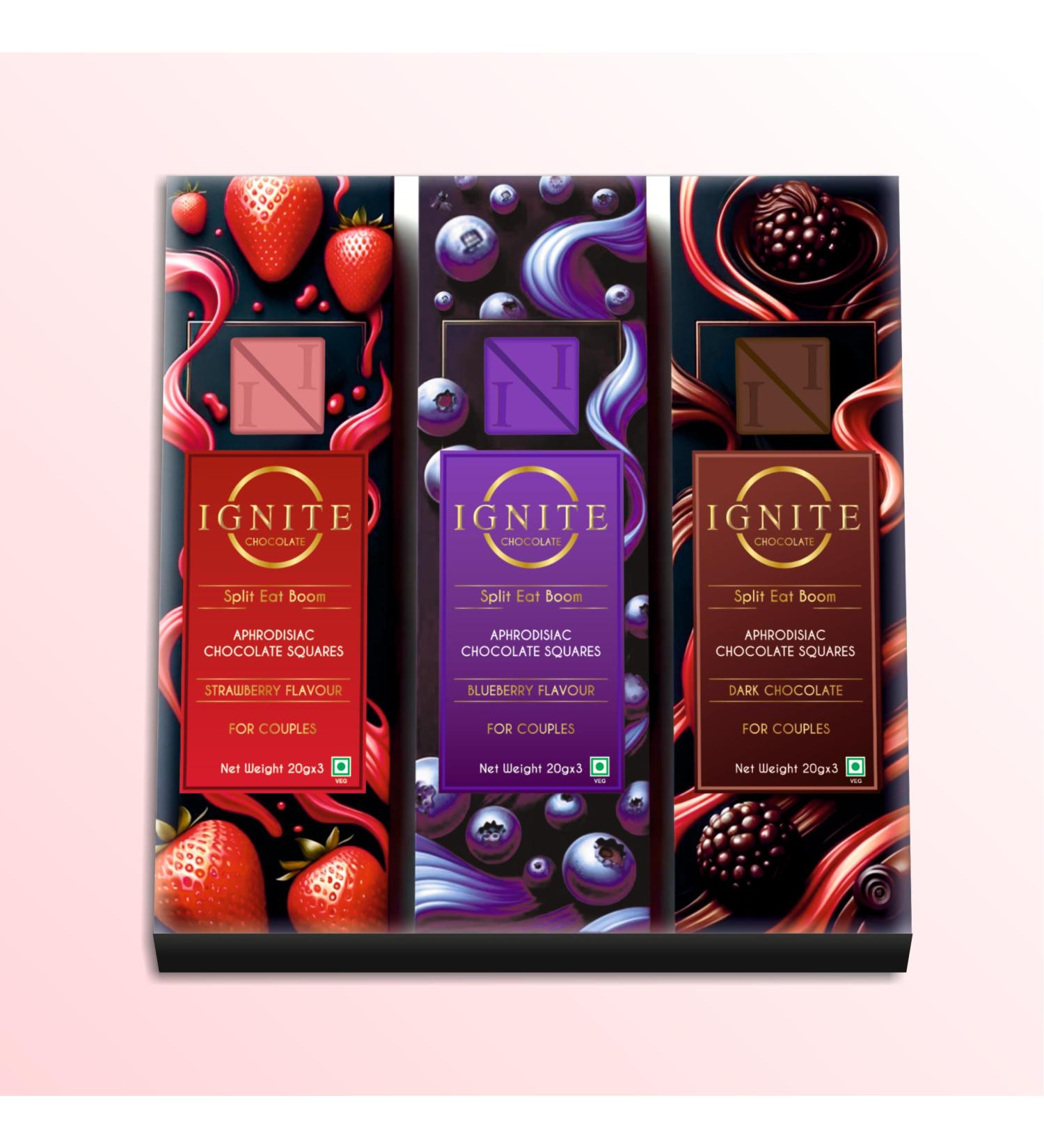 Ignite Chocolate Bars for Couples-Aphrodisiac Sweet Indulgence for Love: Valentine s Day Date night & Wedding Gift | 3 Flavors Dark Chocolate Blueberry Strawberry - Buy Online on GoSupps.com