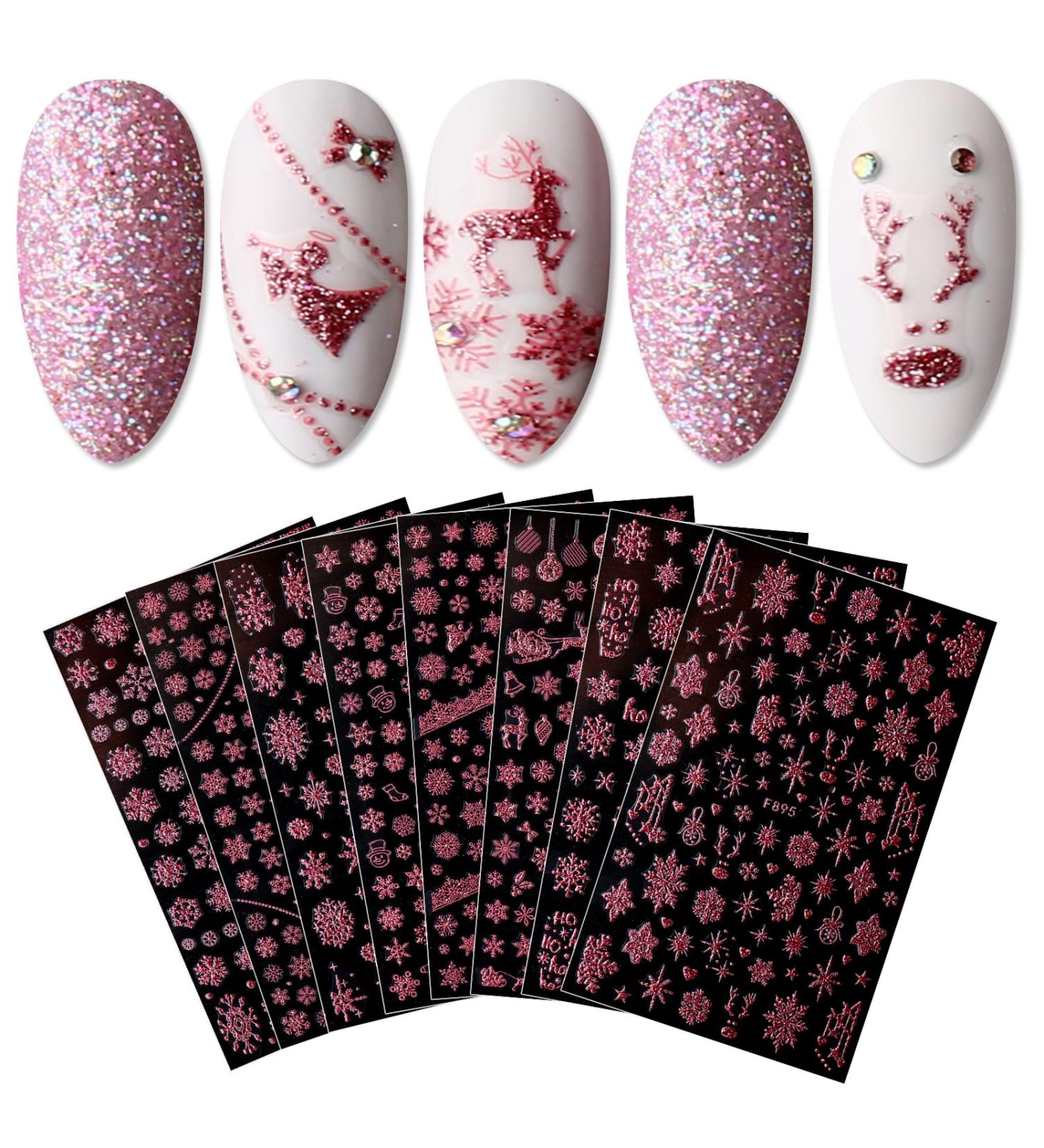 jmeowio 8 Sheets Christmas Glitter Nail Art Stickers Decals Self-Adhesive Snowflake Xmas Winter Holiday Cute Pink Nail Supplies Nail Art Design Decoration Accessories - Buy Online on GoSupps.com