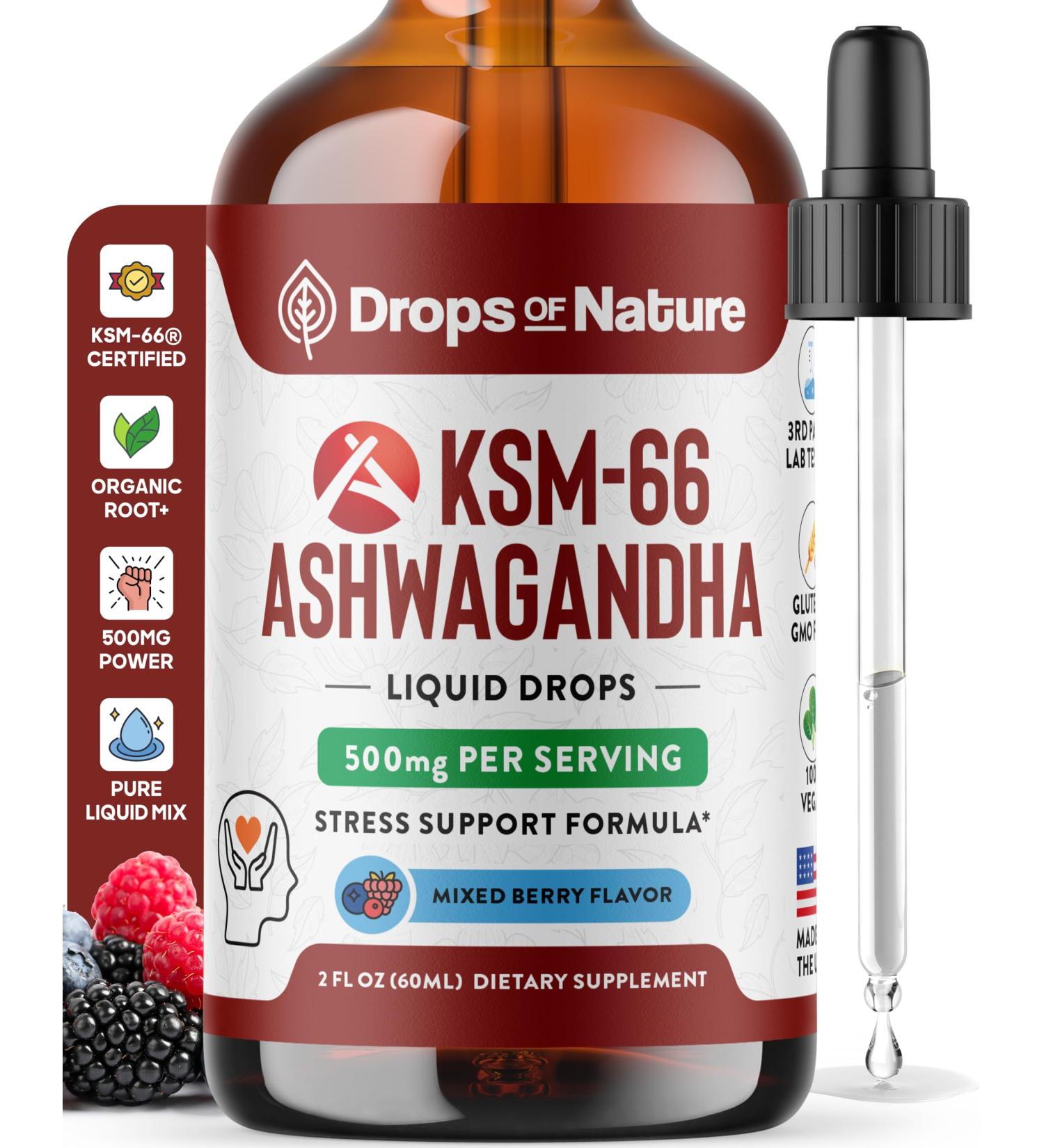 KSM-66 Ashwagandha Liquid Drops Vegan, GMO Free & Fast Absorbing Form Ashwagandha Supplements for Daily Wellness Support Promotes Focus and Clarity Supports Daily Vitality (Mixed Berry, 60ml) - Buy Online on GoSupps.com