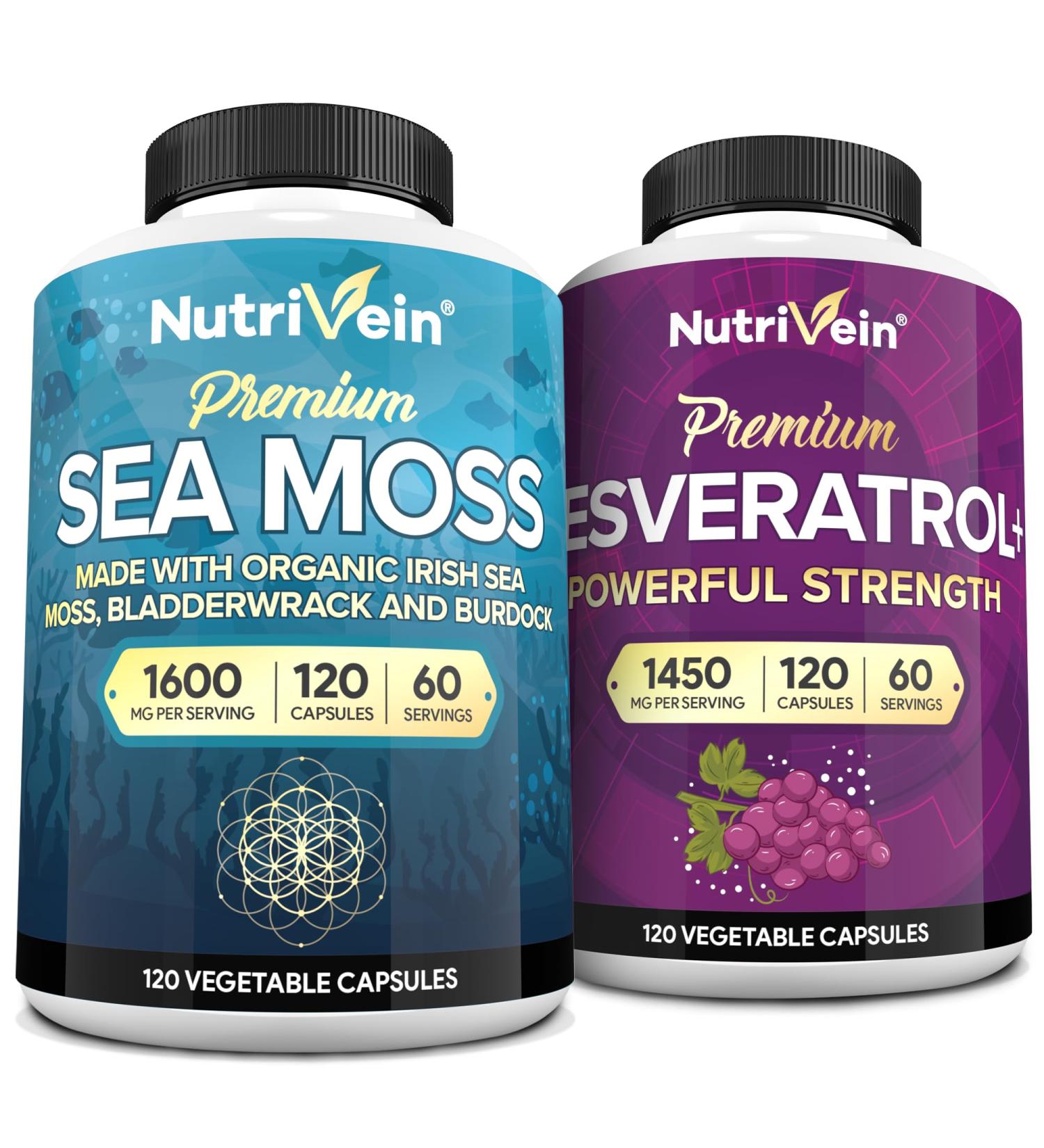 Nutrivein Premium Sea Moss Capsules & Resveratrol Supplement Bundle: High-Absorption Resveratrol Capsules and Irish Sea Moss for Digestion, Vitality, & Repair - Buy Online on GoSupps.com