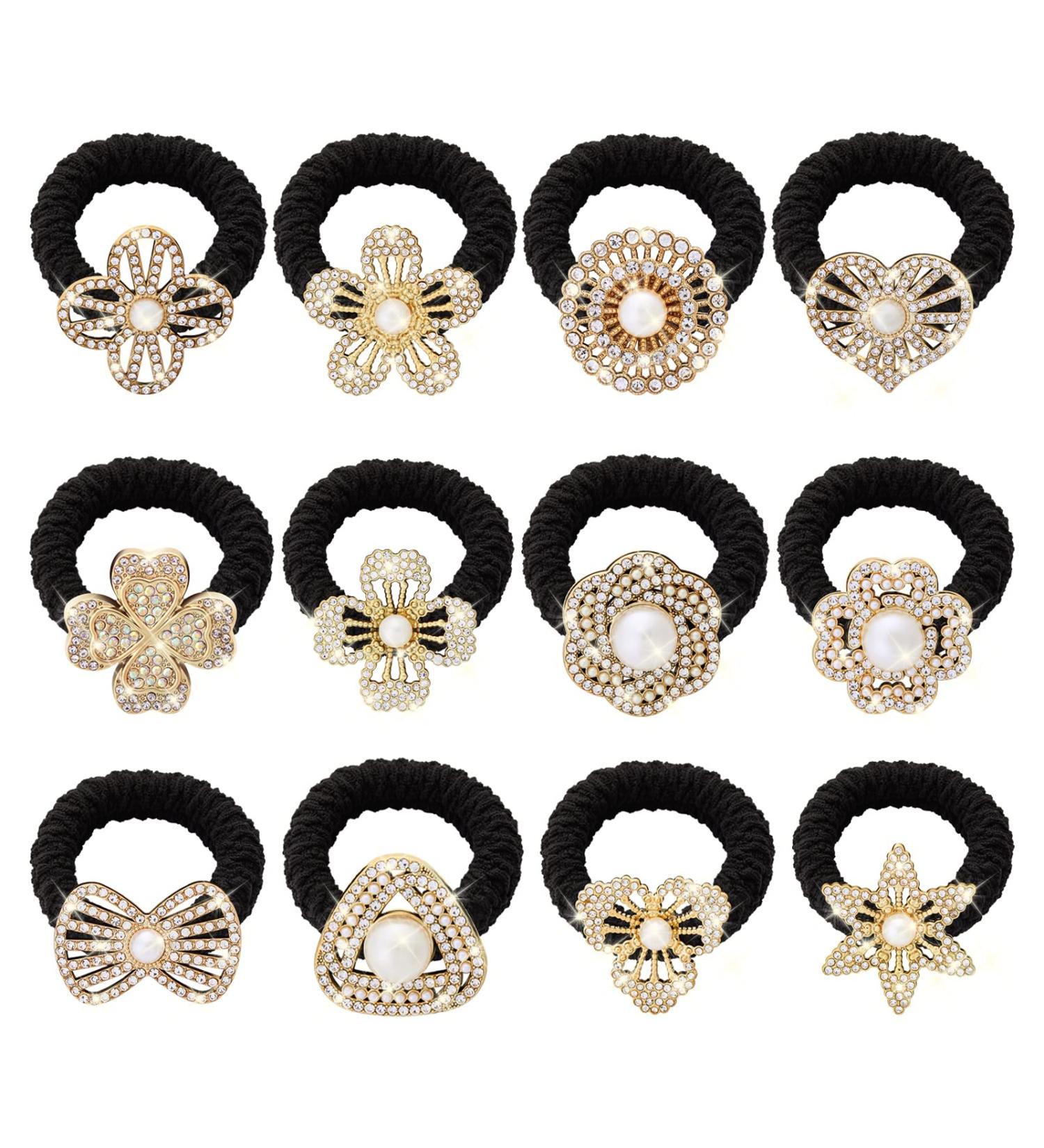 Elastic Hair Ties - Crystal Rhinestone Ponytail Holders - Black Diamond Hair Bands for Women/Girls - 12pcs - Buy Online on GoSupps.com