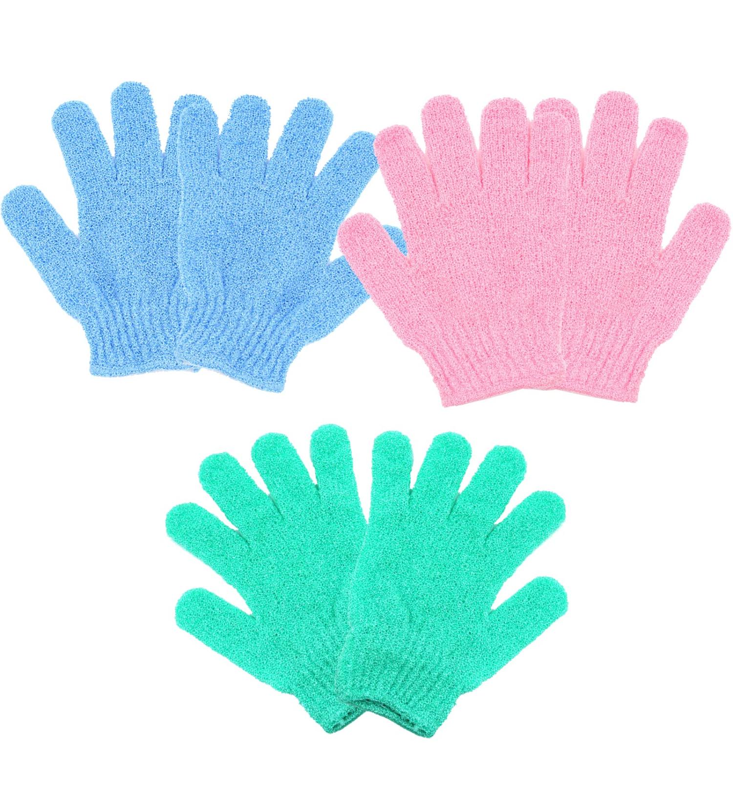 3 Pairs Exfoliating Gloves | Double Sided Body Scrubber for Shower Spa Massage | Dead Skin Cell Remover | Blue Green Pink - Buy Online on GoSupps.com