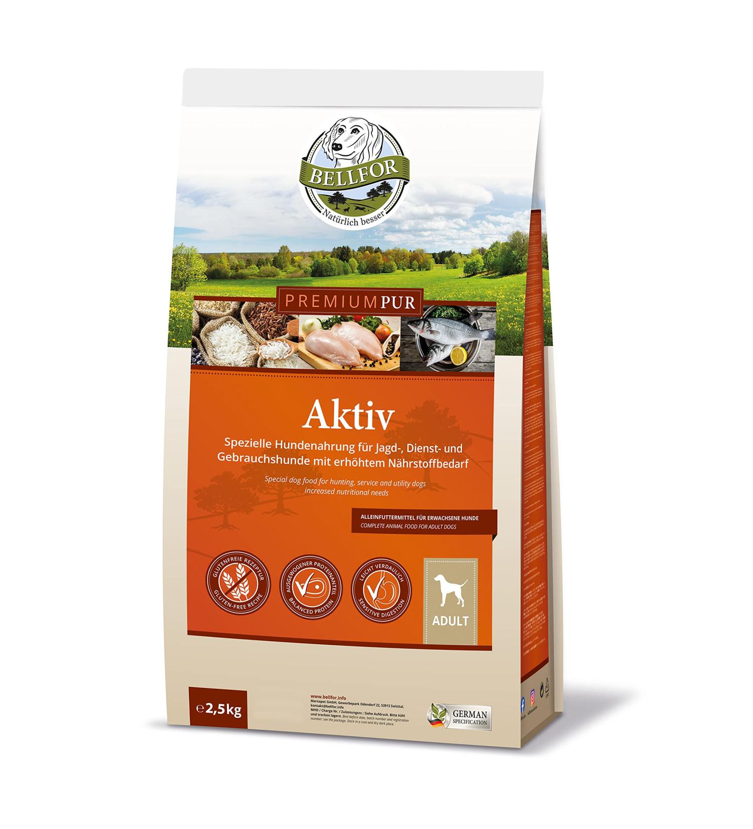 Gluten-free Sporting Dog Food - Premium Pur AKTIV from Bellfor - 2.5 kg. Grain-free protein-rich dog food for active and working dogs. - Buy Online on GoSupps.com