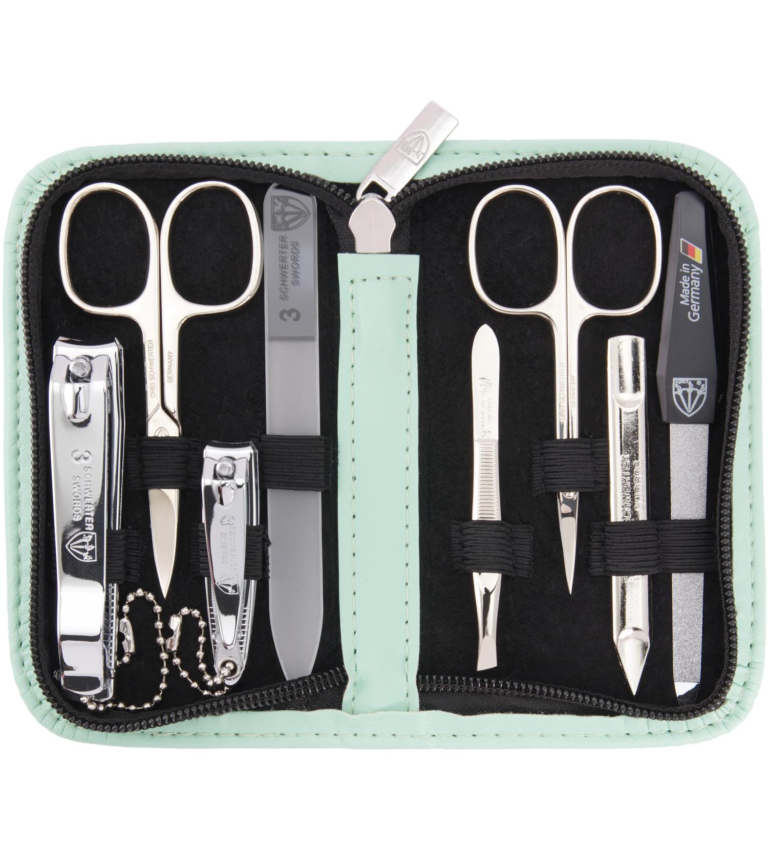 Three Swords 8-Pc Manicure Set 'Roma' | High-Quality Mint Leather Nail Care Kit | Scissors Clippers Tweezers & Glass Files - Buy Online on GoSupps.com