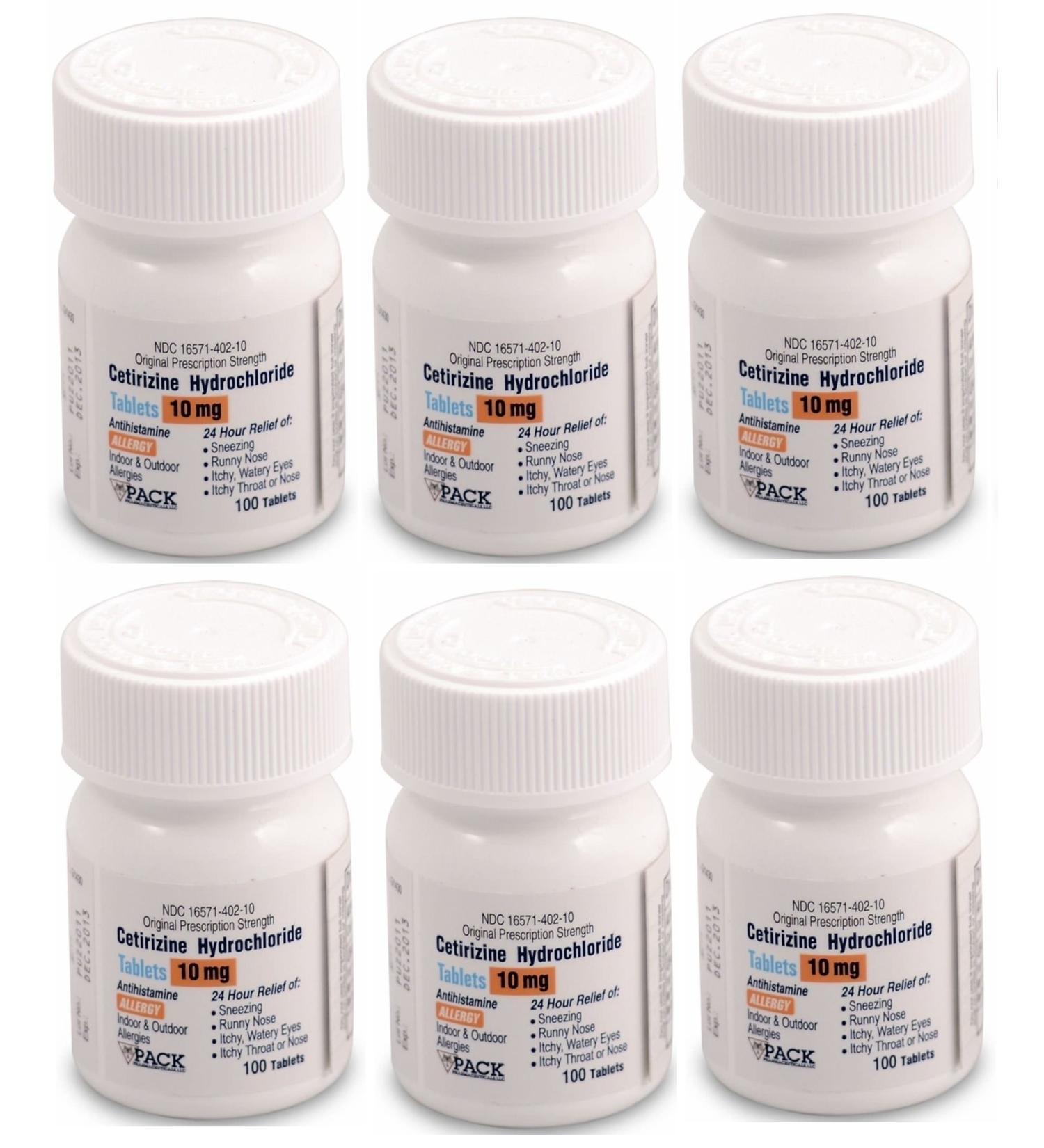 Cetirizine 10 mg Antihistamine Tablets 24 Hour Allergy Tablets 100 Tablets per Bottle Pack of 6 Total 600 Tablets