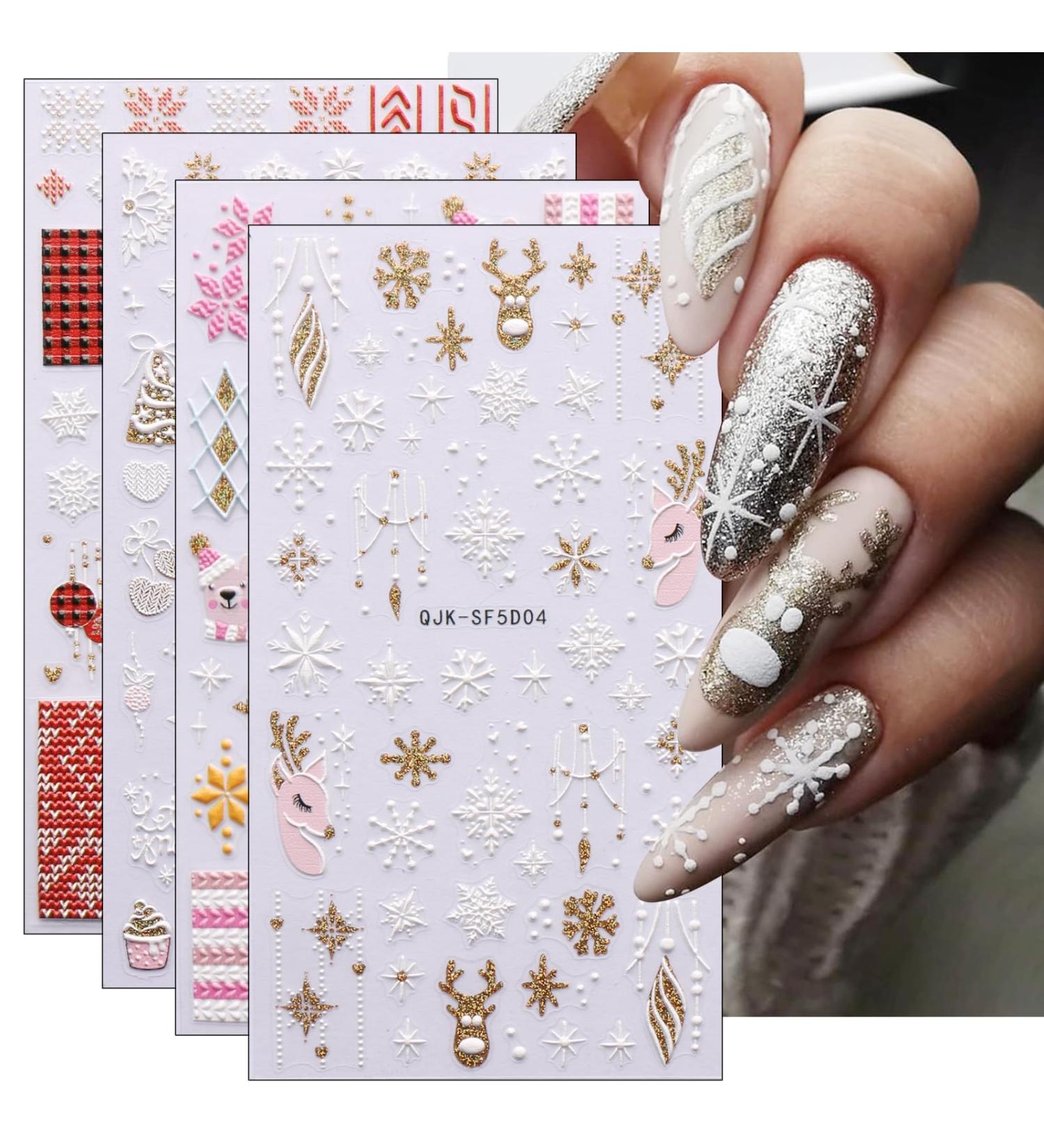 JMEOWIO 3D Embossed Christmas Glitter Nail Art Stickers Decals Self-Adhesive 5D Snowflake Xmas Winter Holiday Gold Nail Supplies Nail Art Design Decoration Accessories 4 Sheets - Buy Online on GoSupps.com