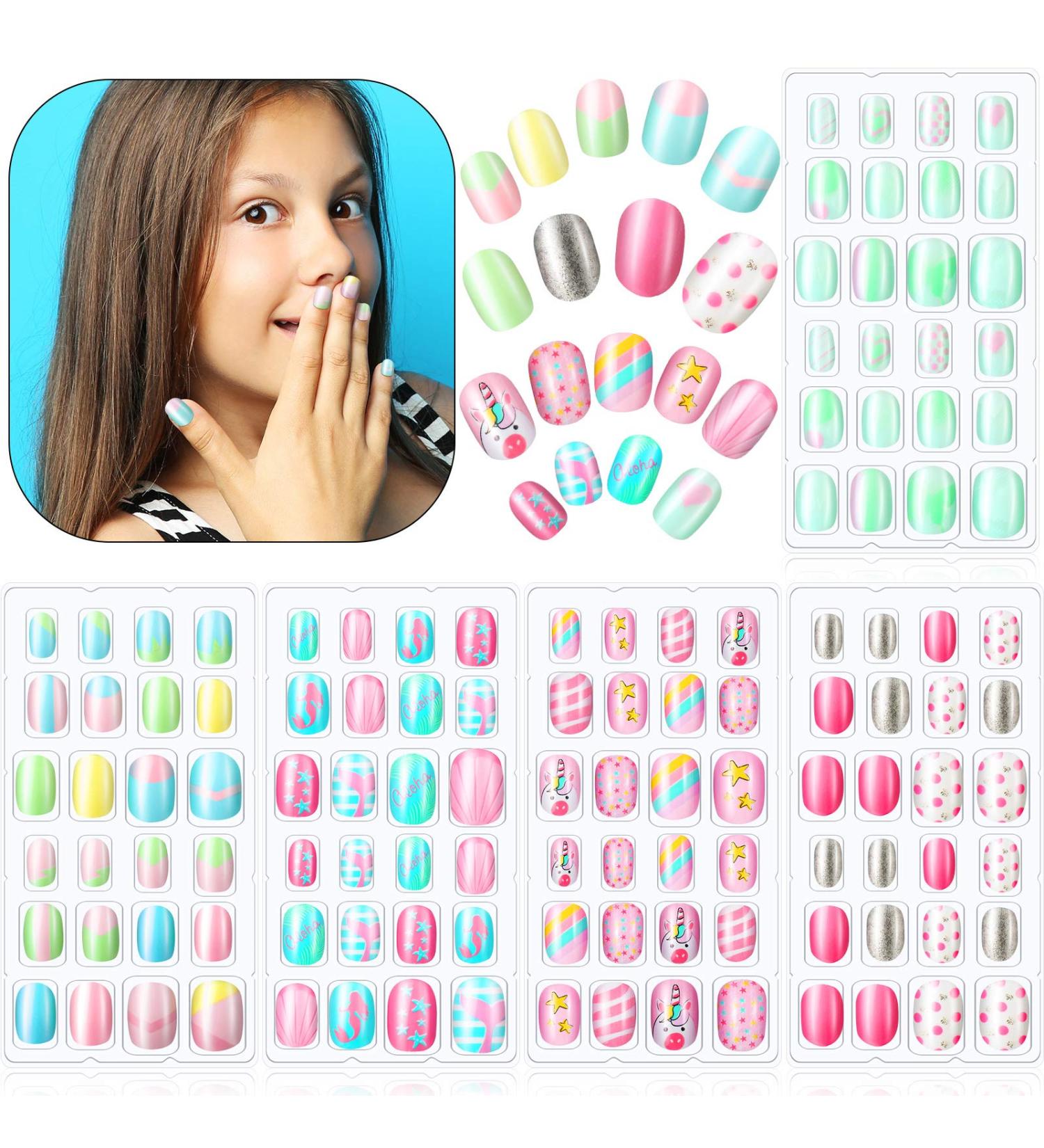 120-Piece Kids Fake Nails Set | Cute Full Cover Short False Fingernails for Girls | Children's Artificial Nail Tips for Decoration - Lovely Pattern - Buy Online on GoSupps.com