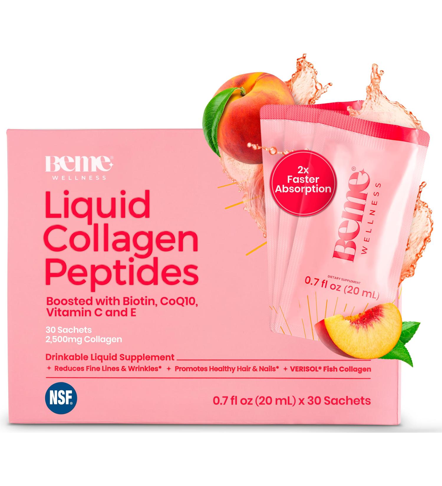 BeMe Liquid Collagen for Women - 2500mg Verisol Collagen Liquid with Biotin CoQ10 & Vitamin C - Clinically Proven Collagen Peptides for Hair Skin & Nails - 30 Peach Sachets Peach 21 Fl Oz (Pack of 1) - Buy Online on GoSupps.com
