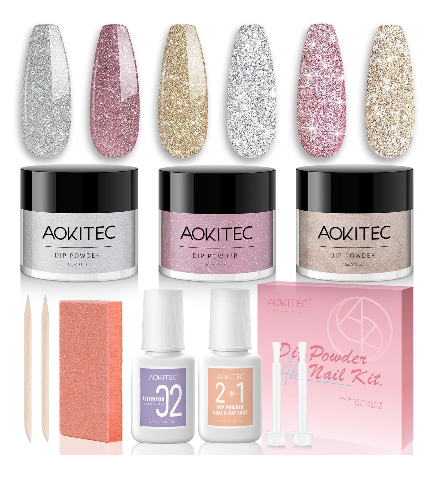 Aokitec Sparkling Series Dip Powder Nail Kit - Glitter Pink Silver & Gold with 2-in-1 Base & Top Coat - Perfect for DIY Nail Art & French Manicure - Buy Online on GoSupps.com