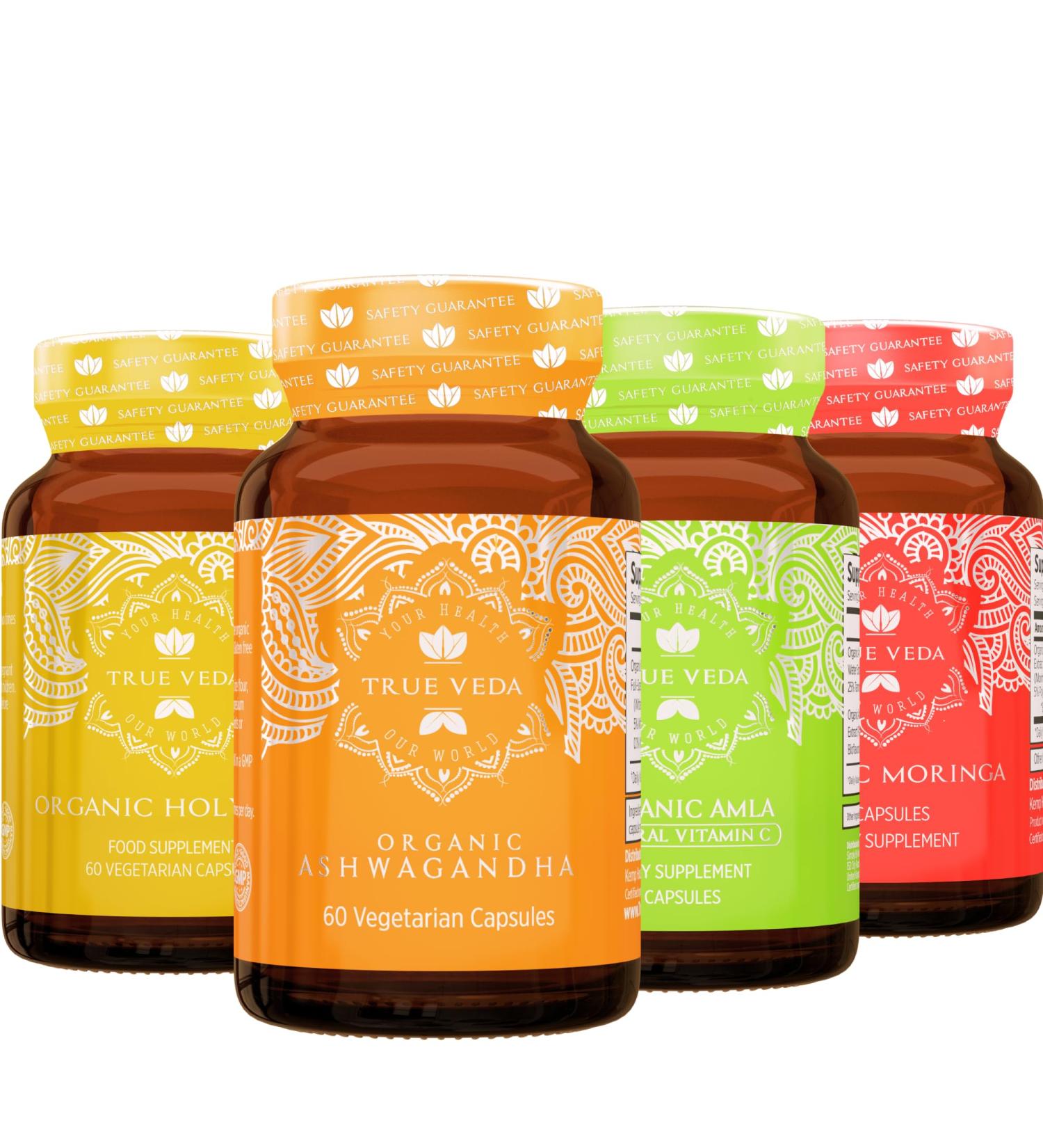 True Veda Everyday Essentials Bundle | USDA Organic | Multi-Award-Winning | Organic Ashwagandha KSM-66 + Organic Holy Basil with Vitamin B6 + Organic Amla with Vitamin C + Organic Moringa Capsules - Buy Online on GoSupps.com