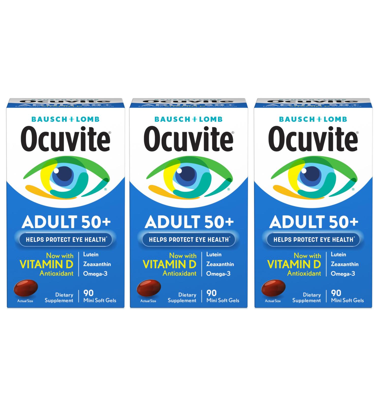 Ocuvite Adult 50+ Eye Vitamins and Mineral Supplements with Lutein Zeaxanthin and Omega-3 90 Soft Gels (Pack of 3) - Buy Online on GoSupps.com
