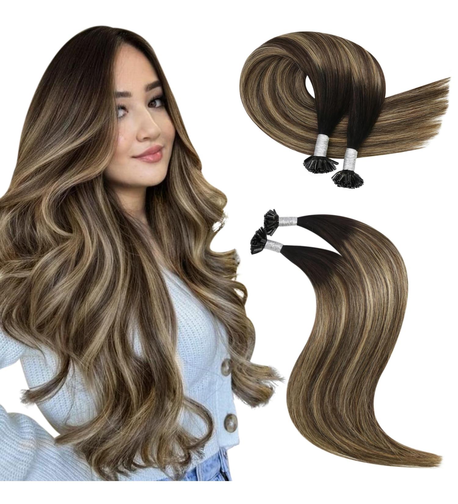 Moresoo real hair extensions bondings black hot fusion bonding hair extension keratin bondings 50 cm u tip extensions real hair remy black to brown with caramel blonde 50g/50s #1b/3/27 50cm 2.u-tip #1b/3/27