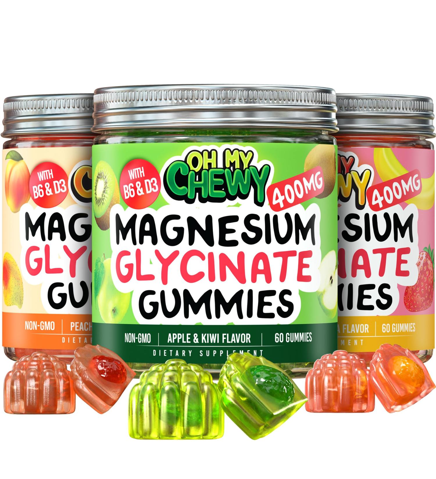 OH MY CHEWY Magnesium Gummies Variety Pack 3 Bottles (60 Each) Strawberry Banana Apple Kiwi & Peach Mango - Buy Online on GoSupps.com