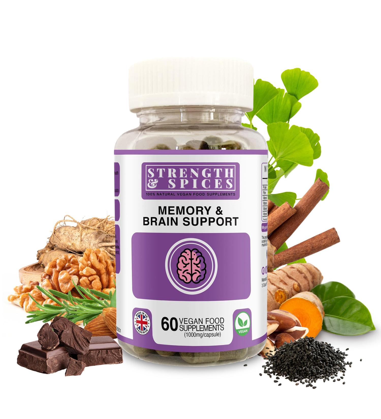 Strength & Spices Memory Booster and Focus Supplement with Ginkgo Biloba and 22 Super Ingredients Plant-Based Brain Supplement for Memory Clarity and Alertness 1000mg 60 Capsules - Buy Online on GoSupps.com