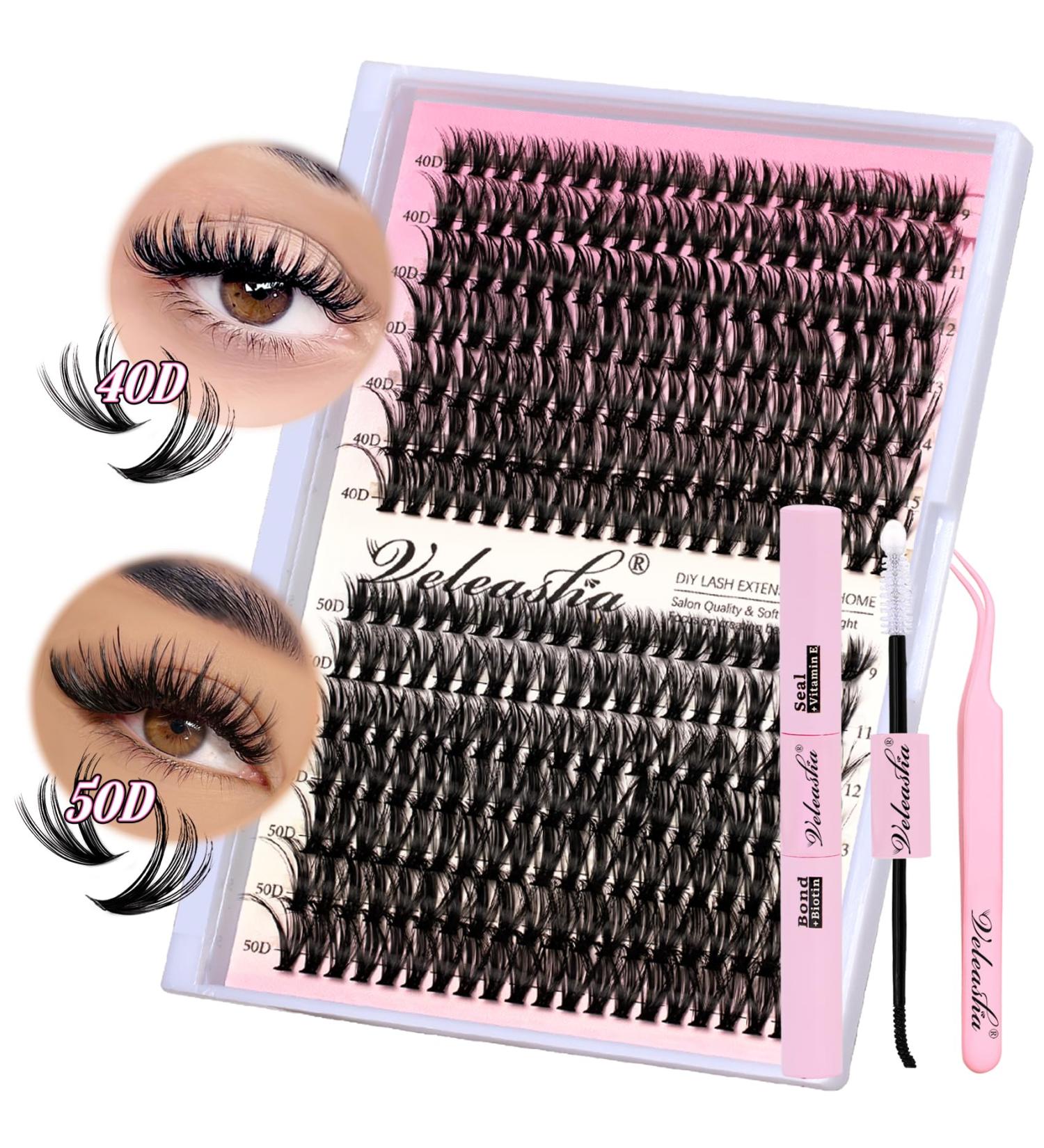 Veleasha Lash Extension Kit - 280PCS Wispy Lashes (40D & 50D) with Bond Seal & Tweezers for Self Application - 9-16mm Lash Clusters - Buy Online on GoSupps.com