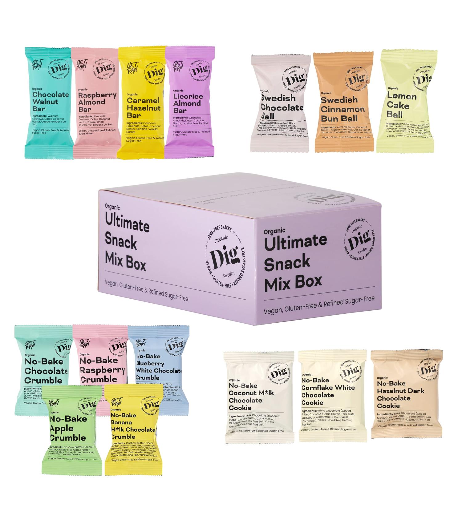 Dig/Get RAW Ultimate Snack Mix Box - Healthy Vegan Gluten-Free No Refined Sugar - Perfect Office Snack | 15 Pieces 623g - Buy Online on GoSupps.com