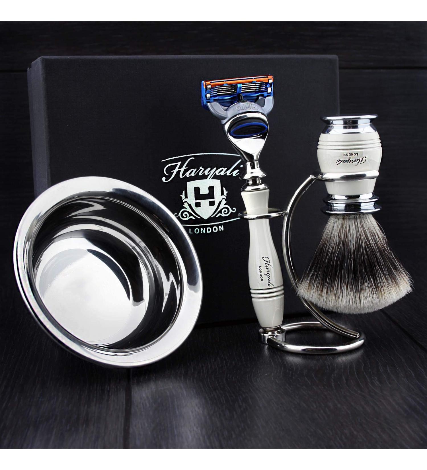 4 Pc Men's Shaving Kit - 5 Blade Razor Silver Tip Badger Brush Stand & Stainless Steel Bowl | Perfect Grooming Set for Men - Buy Online on GoSupps.com