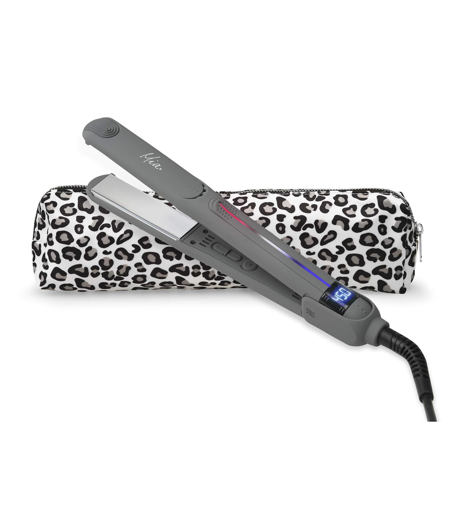 Mia Professional Hair Straightening Iron | 1" Silver Titanium Plates | Dual Heating | 450 F | Auto Shut Off | 10-Foot Cord | Charcoal Gray & Leopard Pouch - International Shipping - Buy Online on GoSupps.com