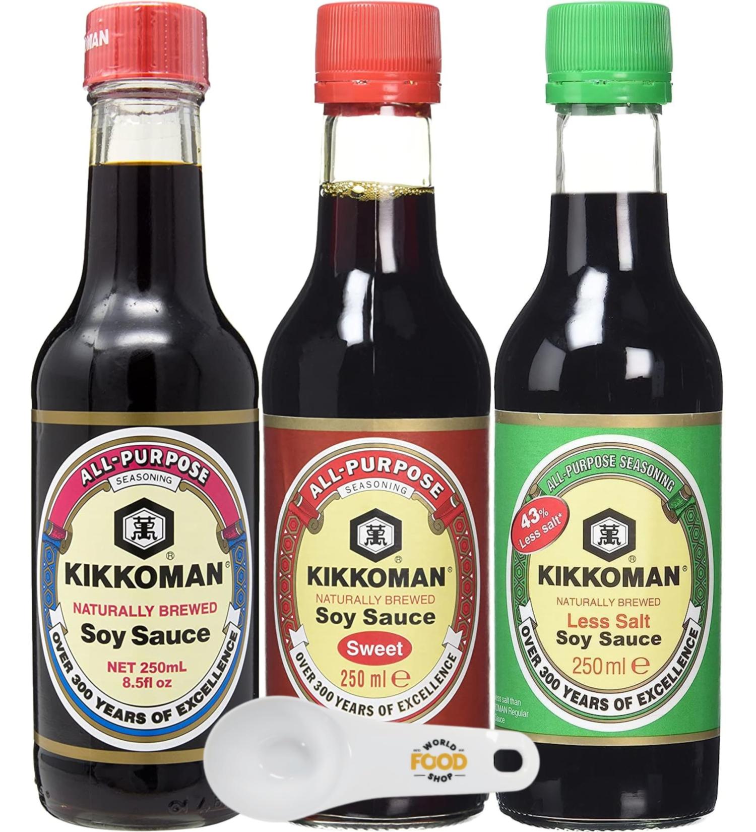 Kikkoman Soy Sauce Bundle of 3 with World Food Shop Scoop (Soy Sauce 250ml Sweet Soy Sauce 250ml Less Salt Soy Sauce 250ml) - Buy Online on GoSupps.com