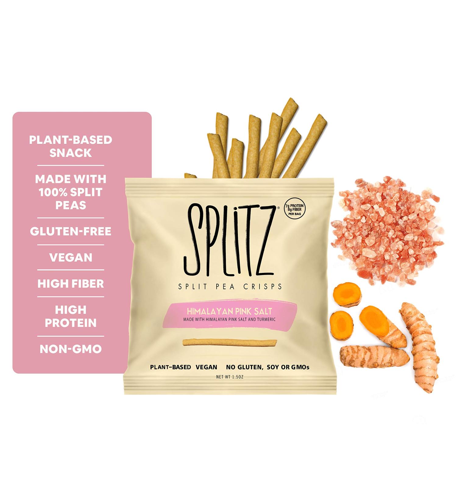 SPLITZ Split Pea Crisps - Himalayan Pink Salt (1.5oz, 16ct) | Plant-Based, Organic, Non-GMO, Vegan, Gluten-Free | Healthy Snack for Kids & Adults | High Protein, High Fiber, Superfoods - Buy Online on GoSupps.com