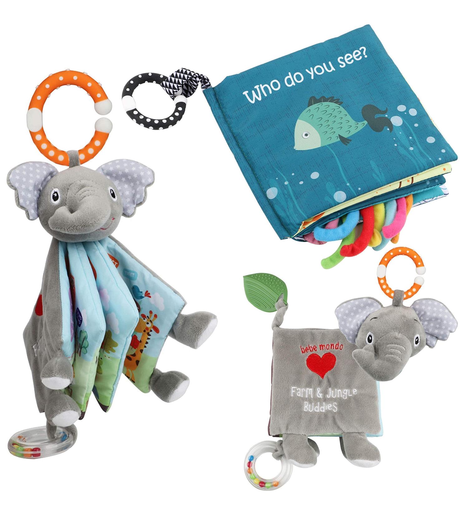 Fish Soft Cloth Book for Babies and Toddlers - Jungle Farm Animals Theme with Teether Ring and Rattle Toy - Buy Online on GoSupps.com