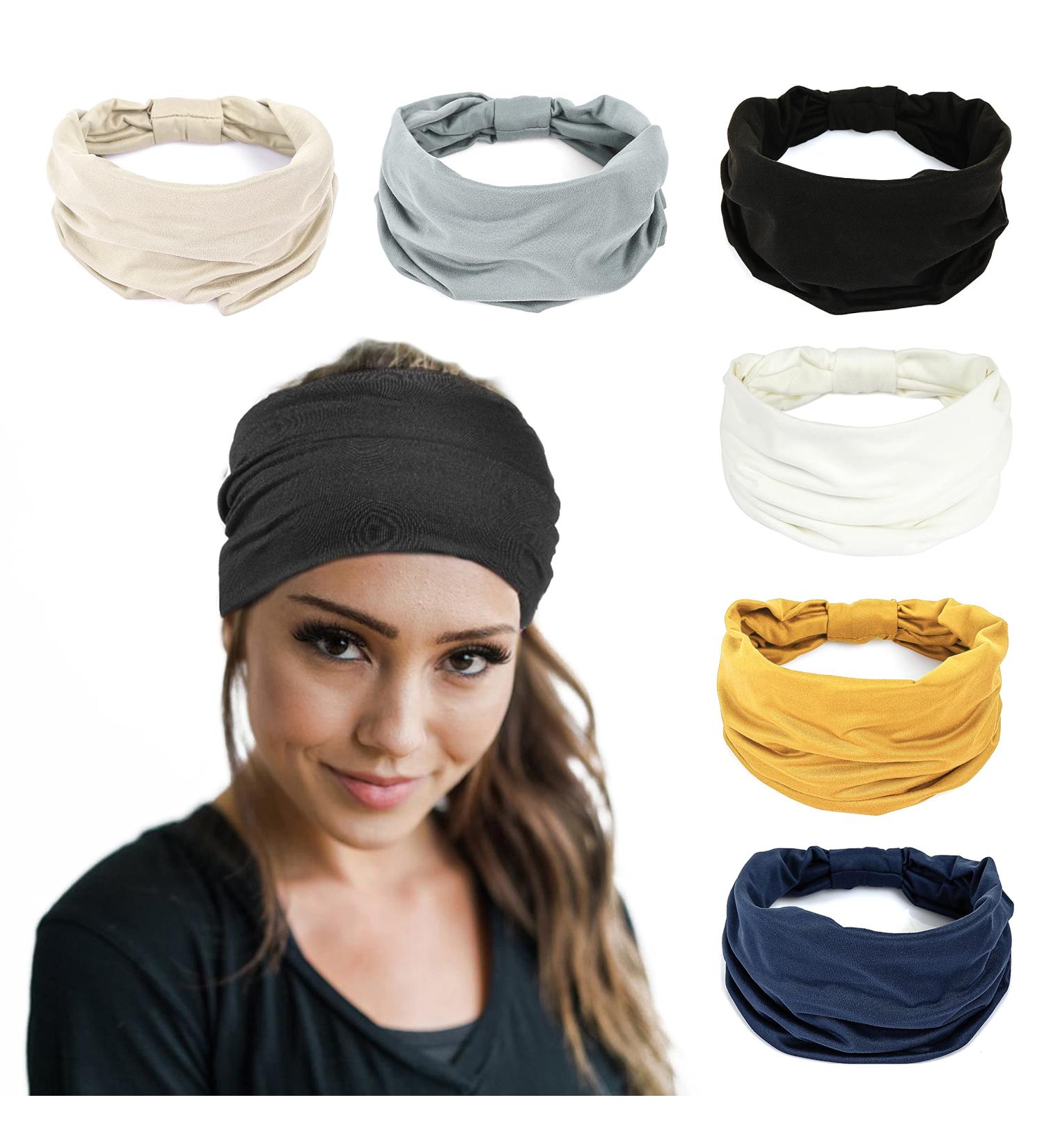 6-Piece Women's Elastic Hair Bands - Yoga Workout & Gym Headbands - Cotton Wide Headscarves in Black White Navy Yellow Light Gray & Skin Color - Summer Hair Accessories - Buy Online on GoSupps.com