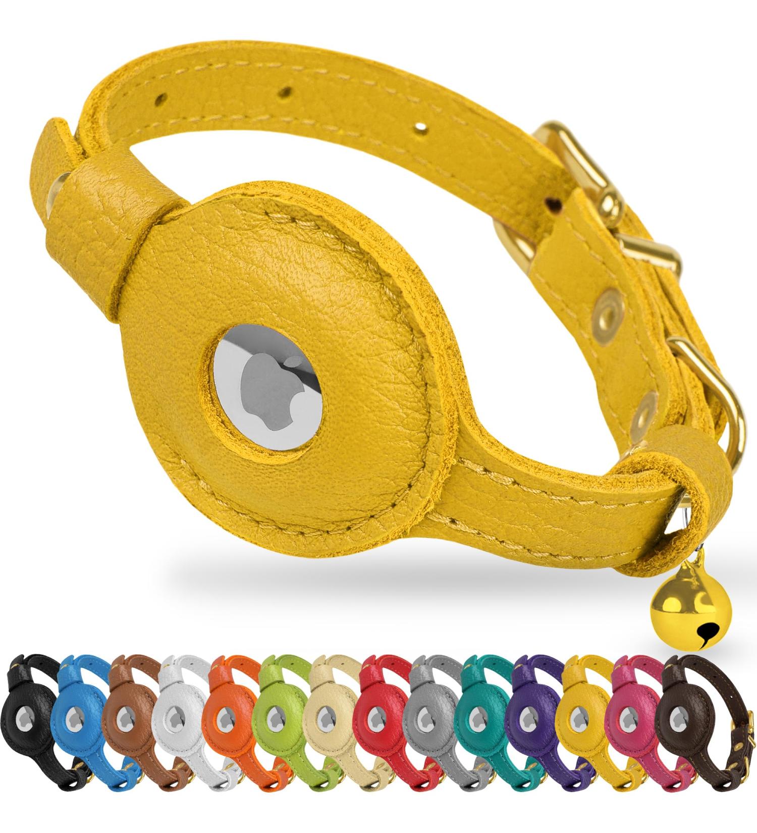 Oopsdoggy Leather Airtag Cat Collar with Bell - Tear-Resistant GPS Collar for Cats & Small Dogs - Light Yellow | Apple Airtag Holder - Buy Online on GoSupps.com