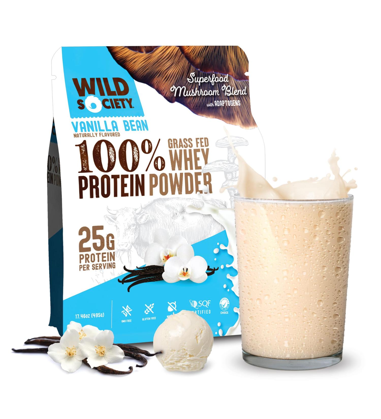 WILD SOCIETY Grass Fed Whey Protein Powder with Superfood Mushrooms - 25g Clean Protein No Added Sugar Non-GMO Gluten-Free Vanilla Bean - 17.5 oz - Buy Online on GoSupps.com